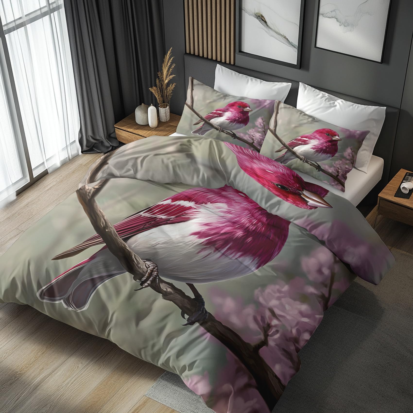 Housse de couette 220x240 oiseaux microfibre doux avec parure de lit zippée et taies d'oreiller