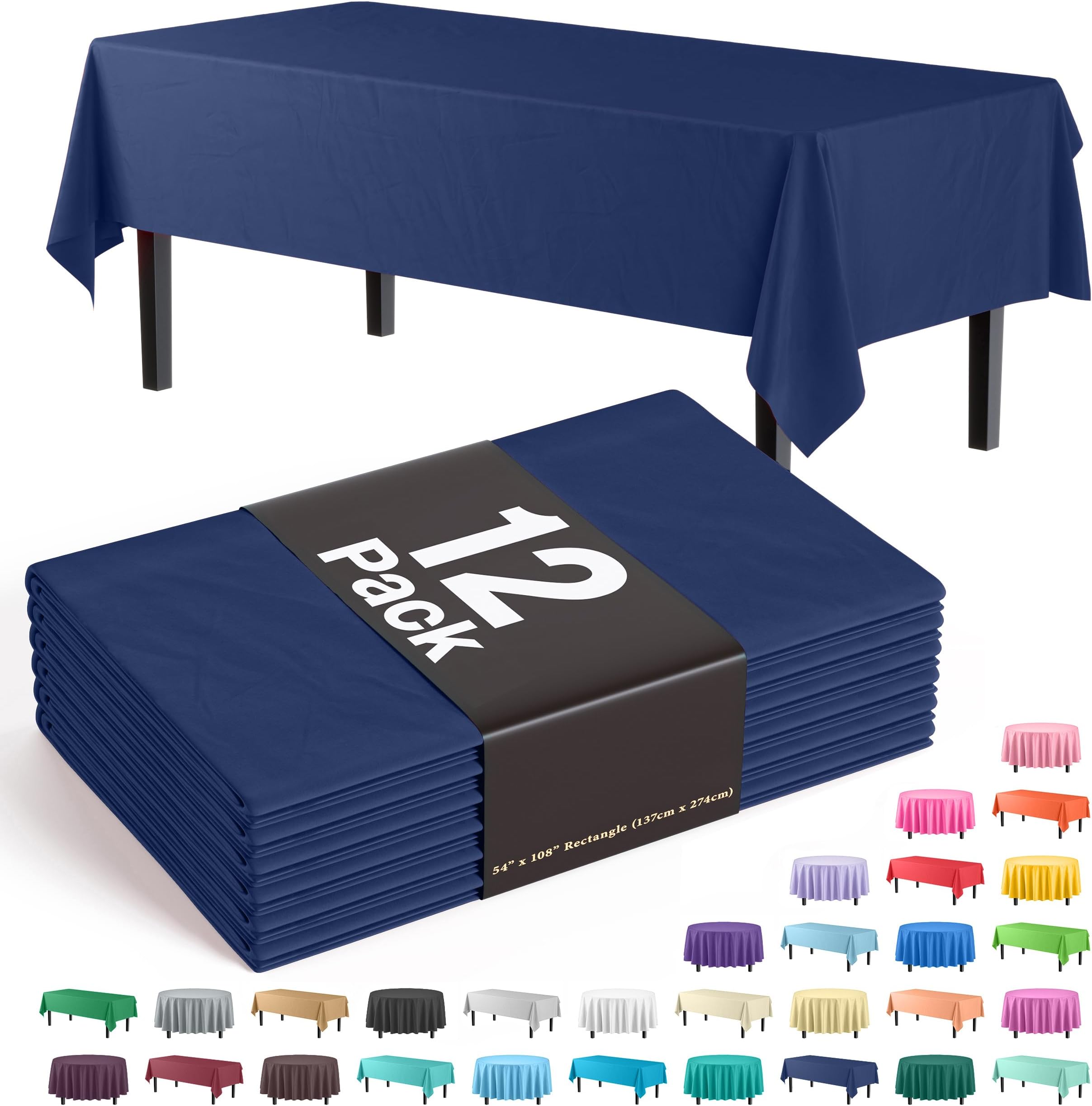 Exquisite 12-Pack Premium Plastic Tablecloth 12-Pack Premium Plastic 54in. x 108in. Rectangle Table Cover - Navy Blue