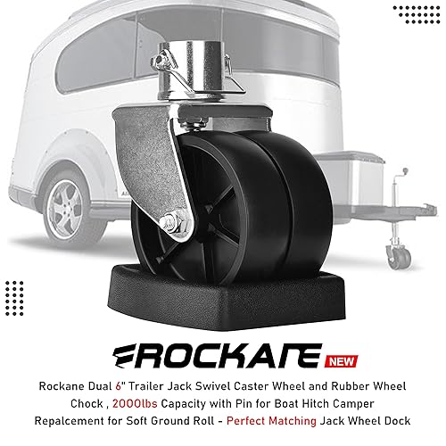 Miniatura 5 de Repuesto de rueda giratoria de doble gato de remolque de 6 pulgadas con calzo de rueda de goma, capacidad de 2000 libras con pasador para enganche