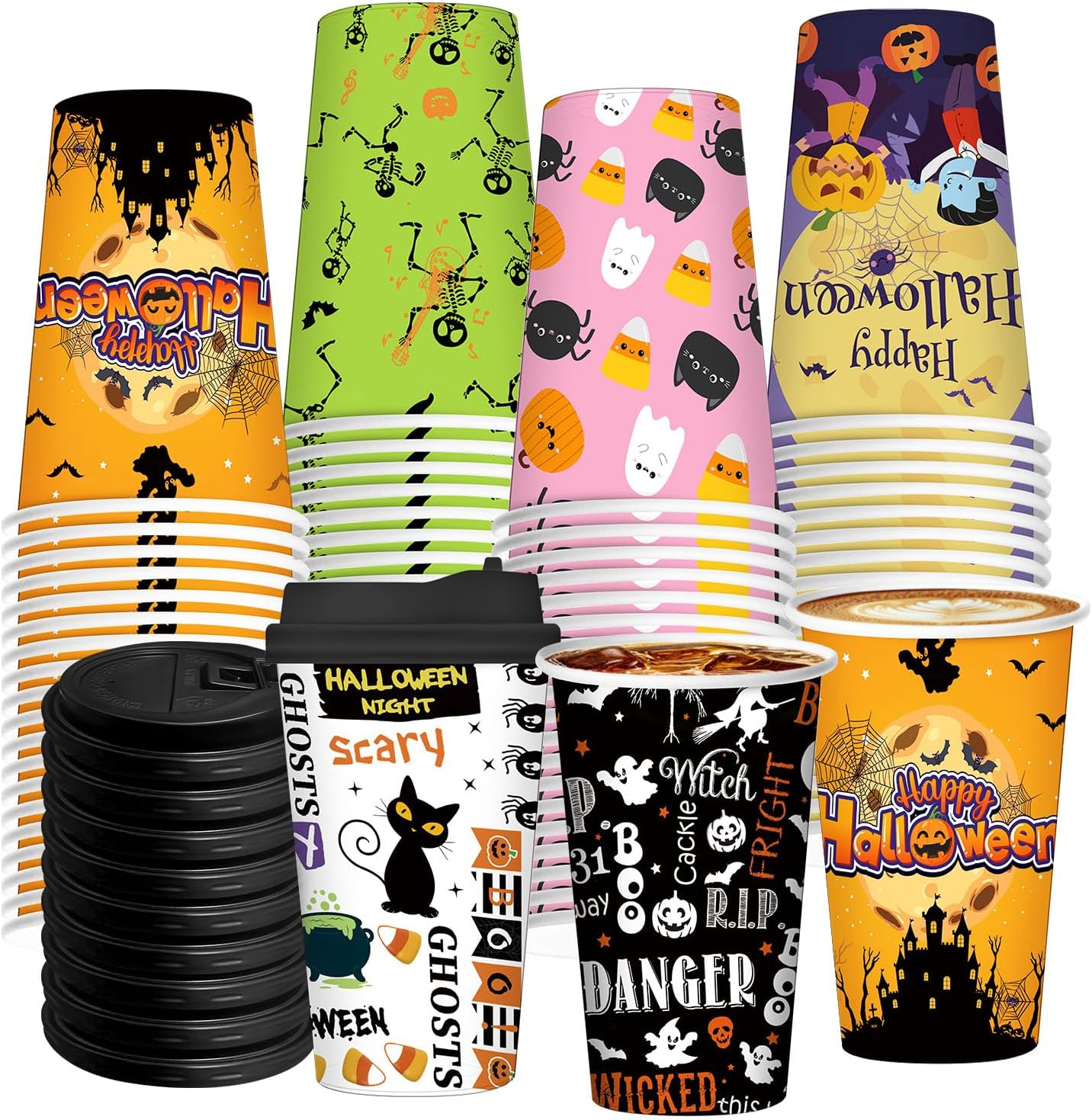 96 Pcs 48 Sets Halloween Disposable Coffee Cups 12oz Disposable Paper Cups with Lids,6 Halloween Styles for Coffee, Snacks, Hot and Cold Drinks, Trick or Treat Party Cosplay Party Decoration Supplies 12 OZ Halloween