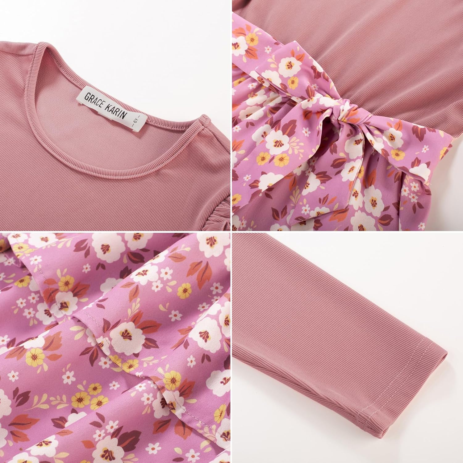 GRACE KARIN Girls Fall Long Sleeve Dresses Girl Floral Midi Dress Kids Casual Holiday Dresses with Belt Size 6-13 - Image 6