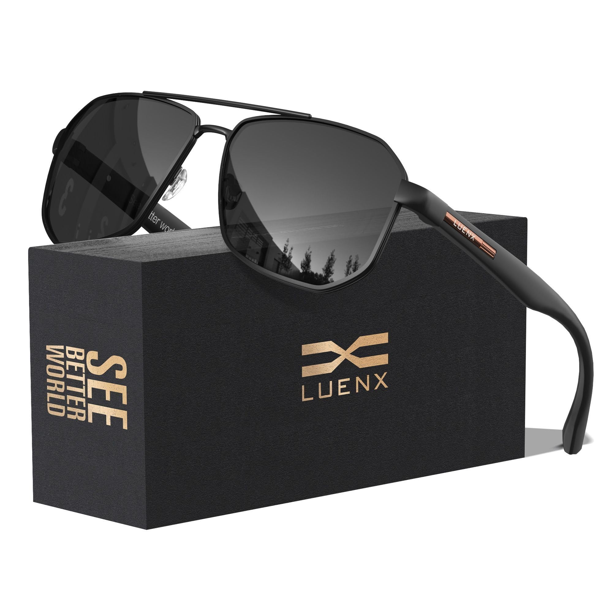 LUENX Square Aviator Sunglasses for Men Polarized | UV400 Polygon Shades Driving
