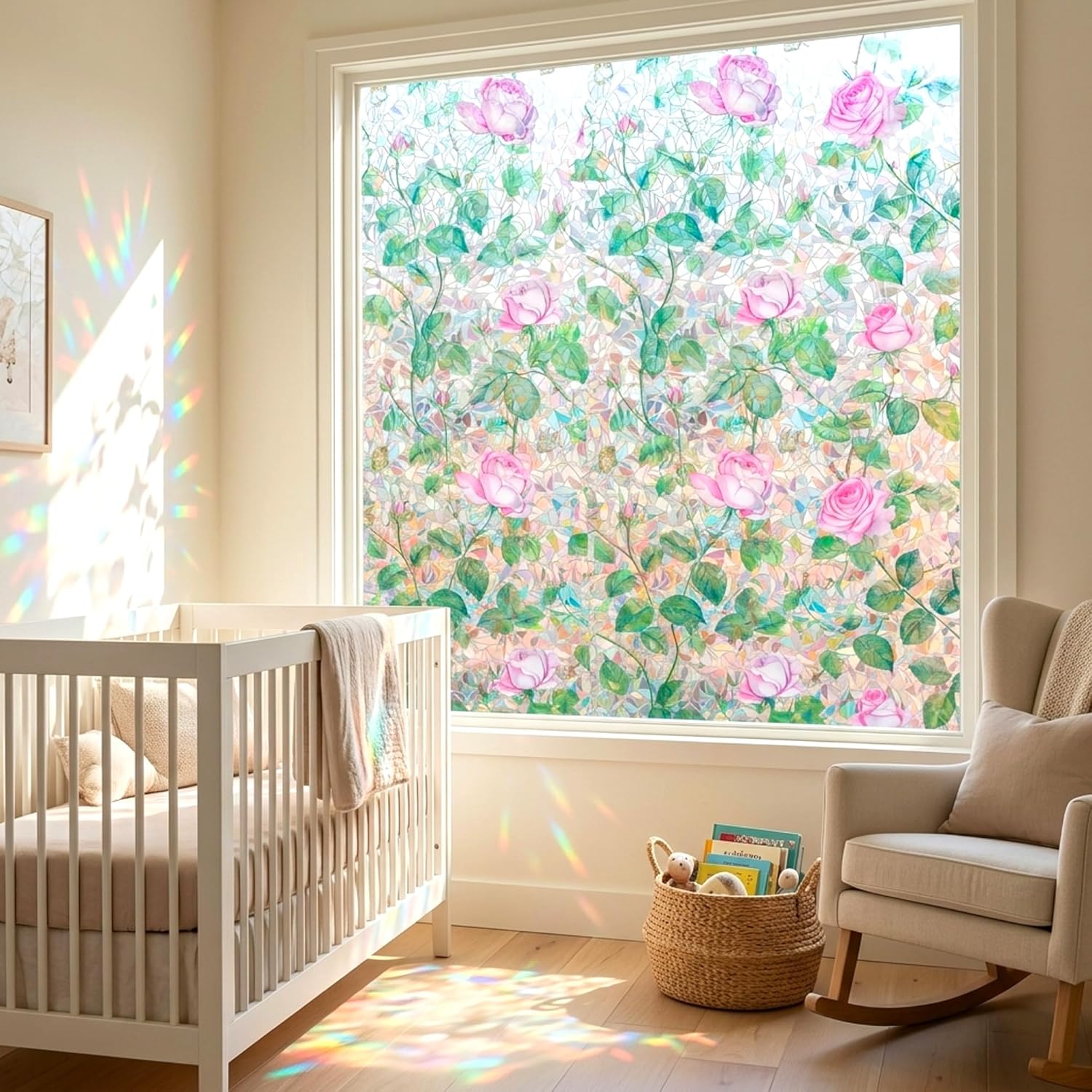 No Glue Window Film Pink Rose Rainbow Clings 3D Stained Glass Door Tint Covering Reusble Static Cling Decal for Home and Office,23.6 inches by 78.7 inches