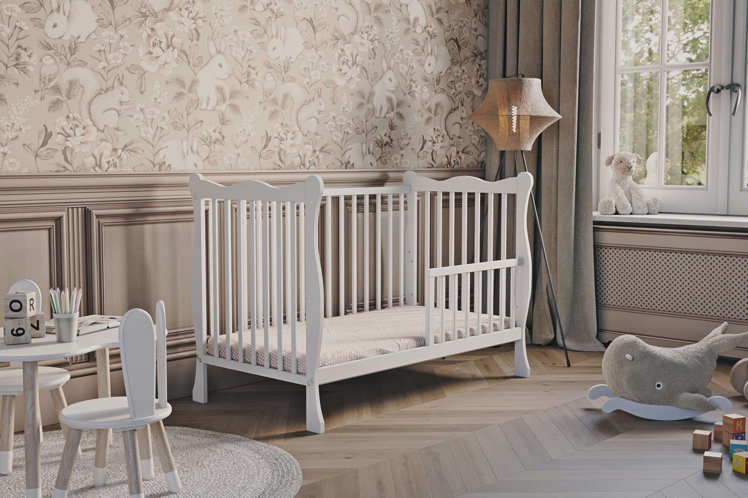 Cuna Julia de 60 x 120 cm, convertible en cama junior, 3 alturas ajustables, 3 barras extraíbles, de madera (con lado de conversión (sin colchón)