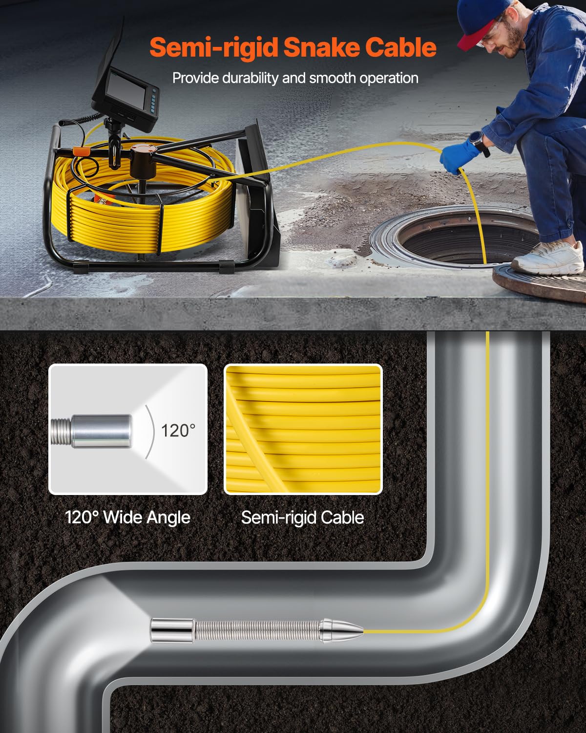 VEVOR Caméra Inspection Canalisation 50 m Endoscope Drain avec Écran 4,3'' avec Lumière 6 LED Réglables, Carte SD 16 Go, Zoom 3X, Vidéo, Étanche IP68, pour Conduit, Égout, Plomberie, Tuyaux, Maison