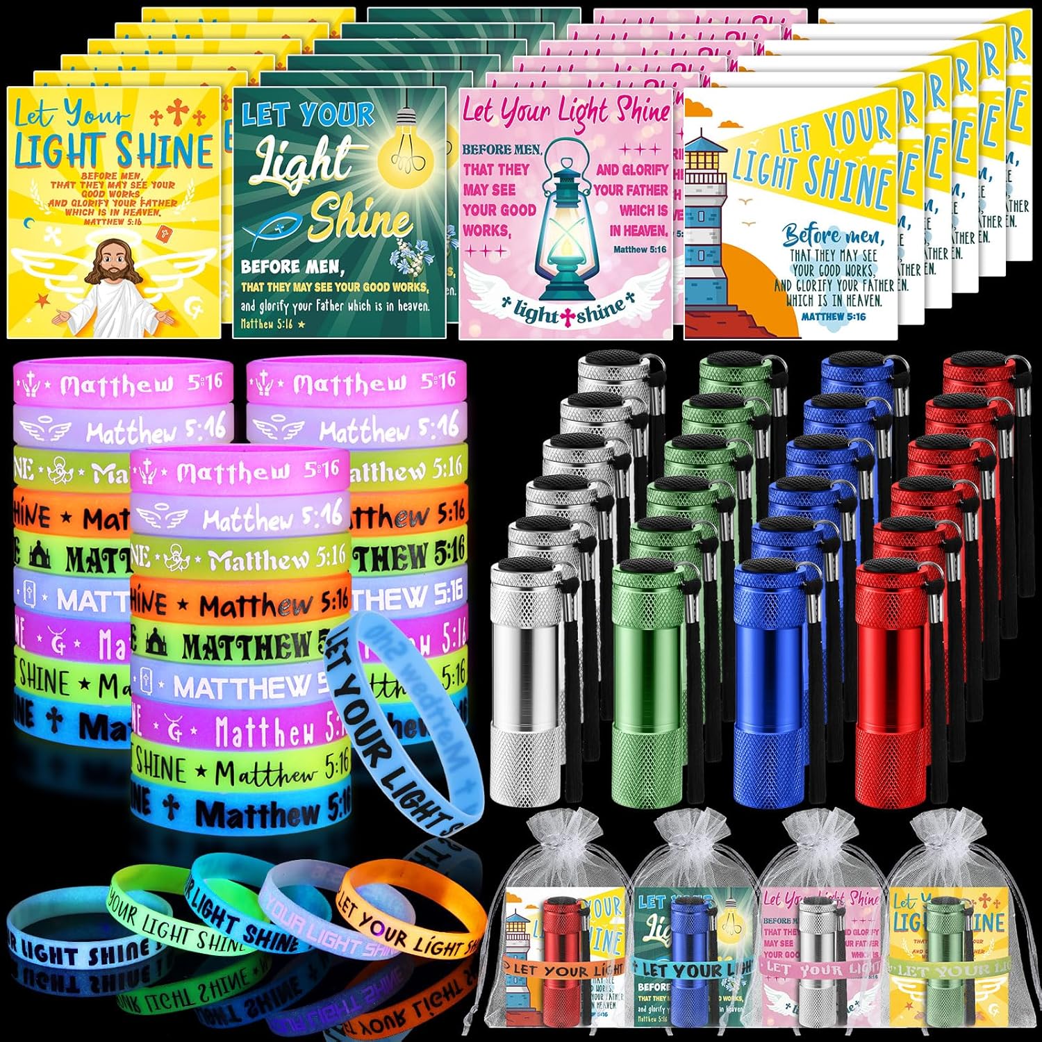 Flutesan 96 Pcs Easter Let Your Light Shine Gifts Glow in Dark Christian Religious Mini Flashlights Bulk Silicone Bracelets Bible Verse Cards Bags for Baptism Party Trunk or Treat Stuffed Gifts