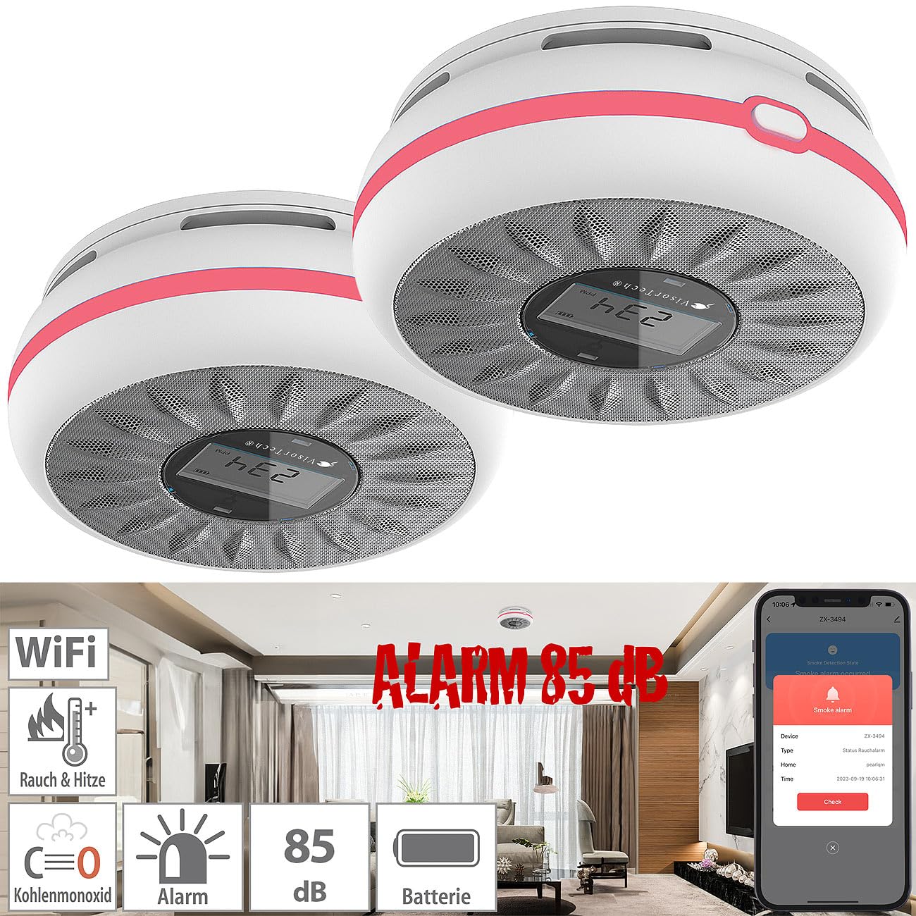 VisorTech app per allarme antincendio: Set da 2 Rilevatore di fumo e CO 2in1 con Wi-Fi, Batteria di 10 anni, Sensore di 10 anni (rilevatore monossido carbonio, rilevatori fumo per la casa, radio)