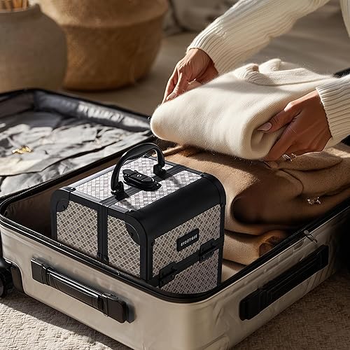 Vista 6 de BYOOTIQUE estuche rodante para maquillaje 4 en 1, con cerradura, maletín tipo trolley para cosméticos, con 4 ruedas extraíbles, organizador de viaje