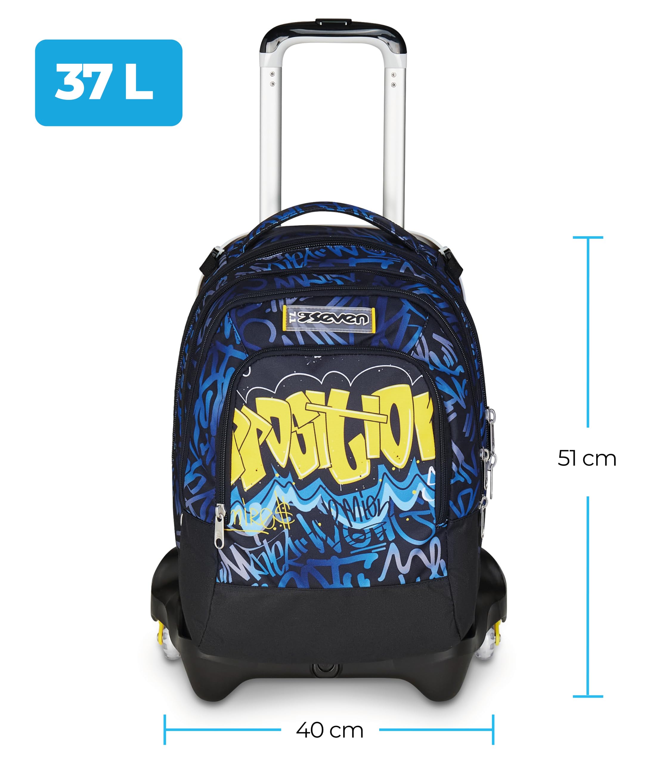 Seven Trolley Scuola Jack 3 Ruote Detach, Blu Giallo, Zaino Con Carrello Sganciabile Da 37 L, Tasca Borraccia, Zainetto Staccabile, Zaino scuola Elementare e Media, Zaino Bambino