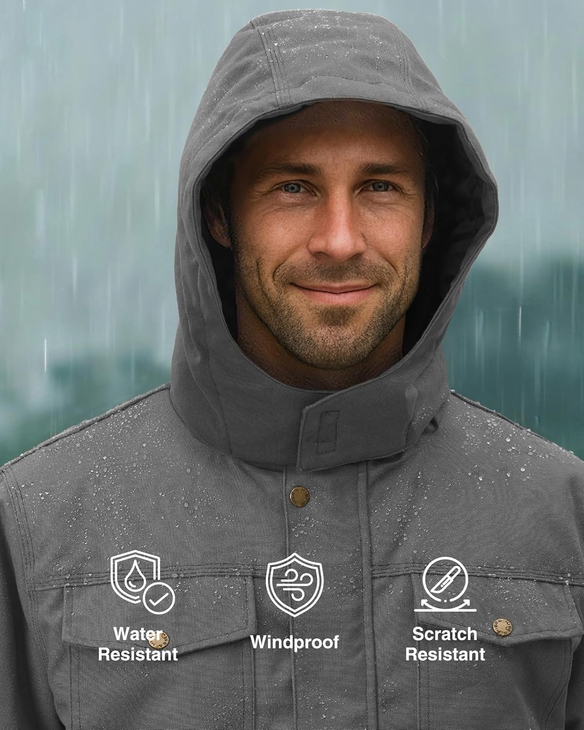 HISEA Winter Work Jackets for Men, Water Resistant Hooded Duck Canvas Coat, Relaxed Fit Insulated Utility Jacket with Pockets - Image 6