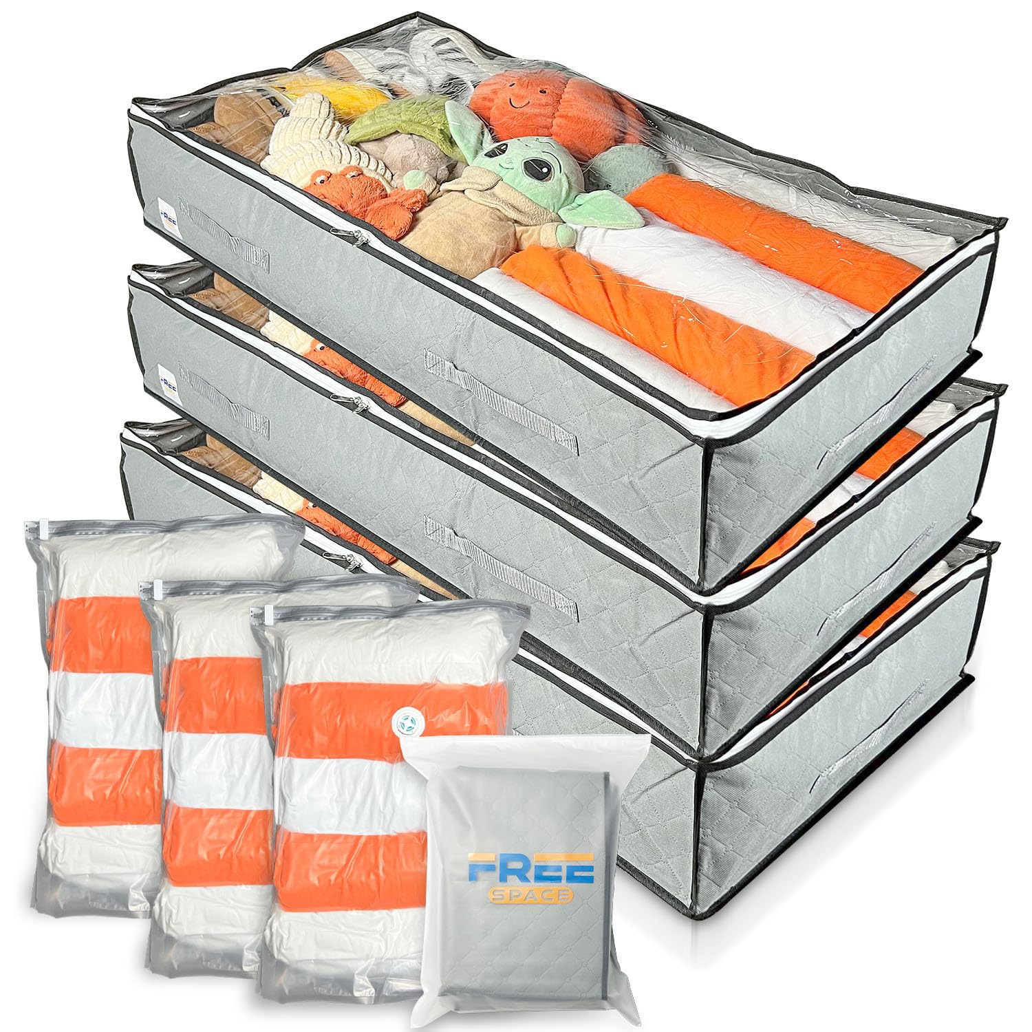 Free Space Underbed Storage 3 pack, 3 Under Bed Storage Bags, Double Lined For Extra Sturdiness, 3 Pump-free Vacuum bags, 1 Reusable Ziplock Packaging - Perfect For Clothes, Duvet, Toys