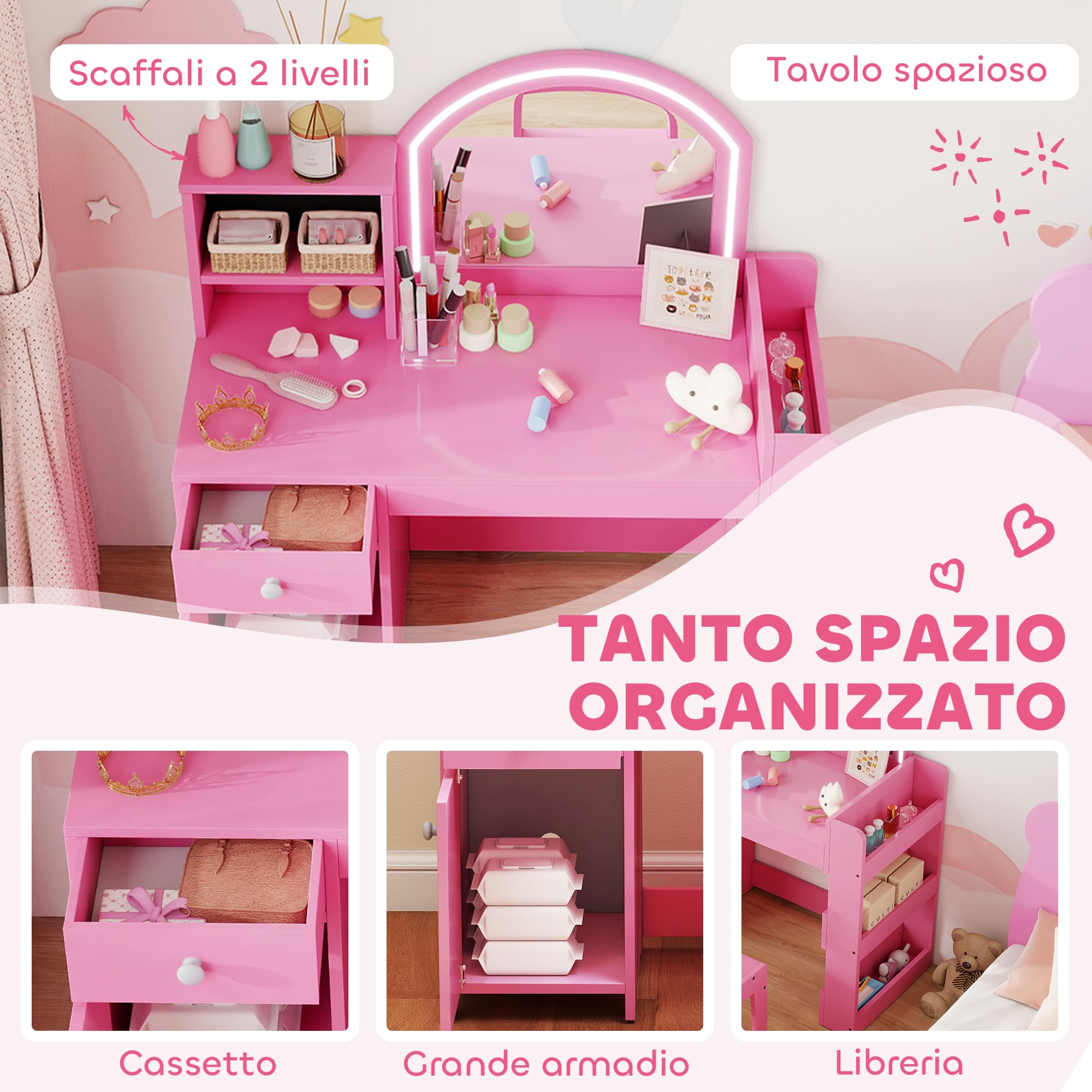 AIYAPLAY Set Toeletta Trucco per Bambini 3-8 Anni 2 in 1 con Specchio Illuminato e Sedia, Postazione Trucco in Legno con Luce LED a 2 Colori, Armadietto, Scaffali e Libreria, Rosa
