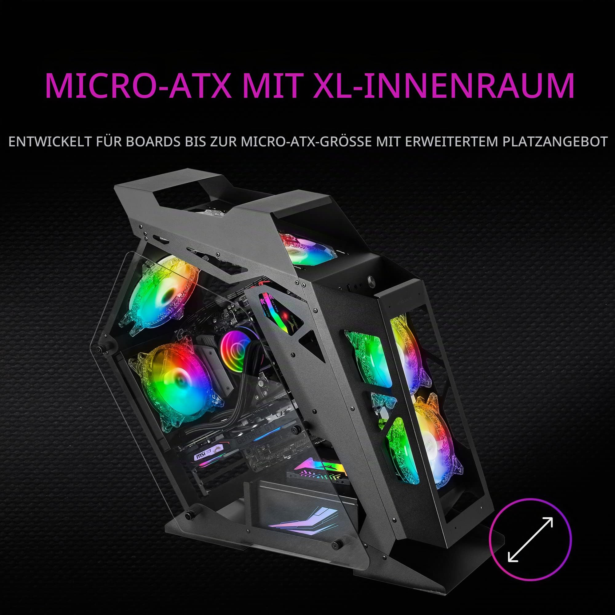 Mars Gaming MC61 Schwarz, PC-Gehäuse Gaming Kompaktes Micro-ATX, 4 x 12cm Lüfter, ARGB Chroma, Dual Tempered Glass Fenster