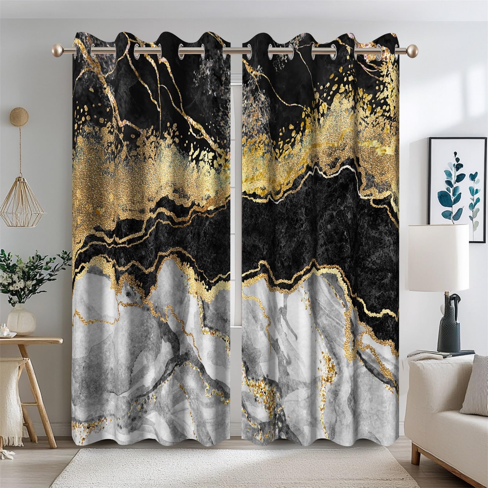 Ttincceer Cortinas opacas de mármol negro para ventana de dormitorio, con textura de mármol negro, gris, dorado, bloqueo de luz, aislamiento térmico, 2 paneles