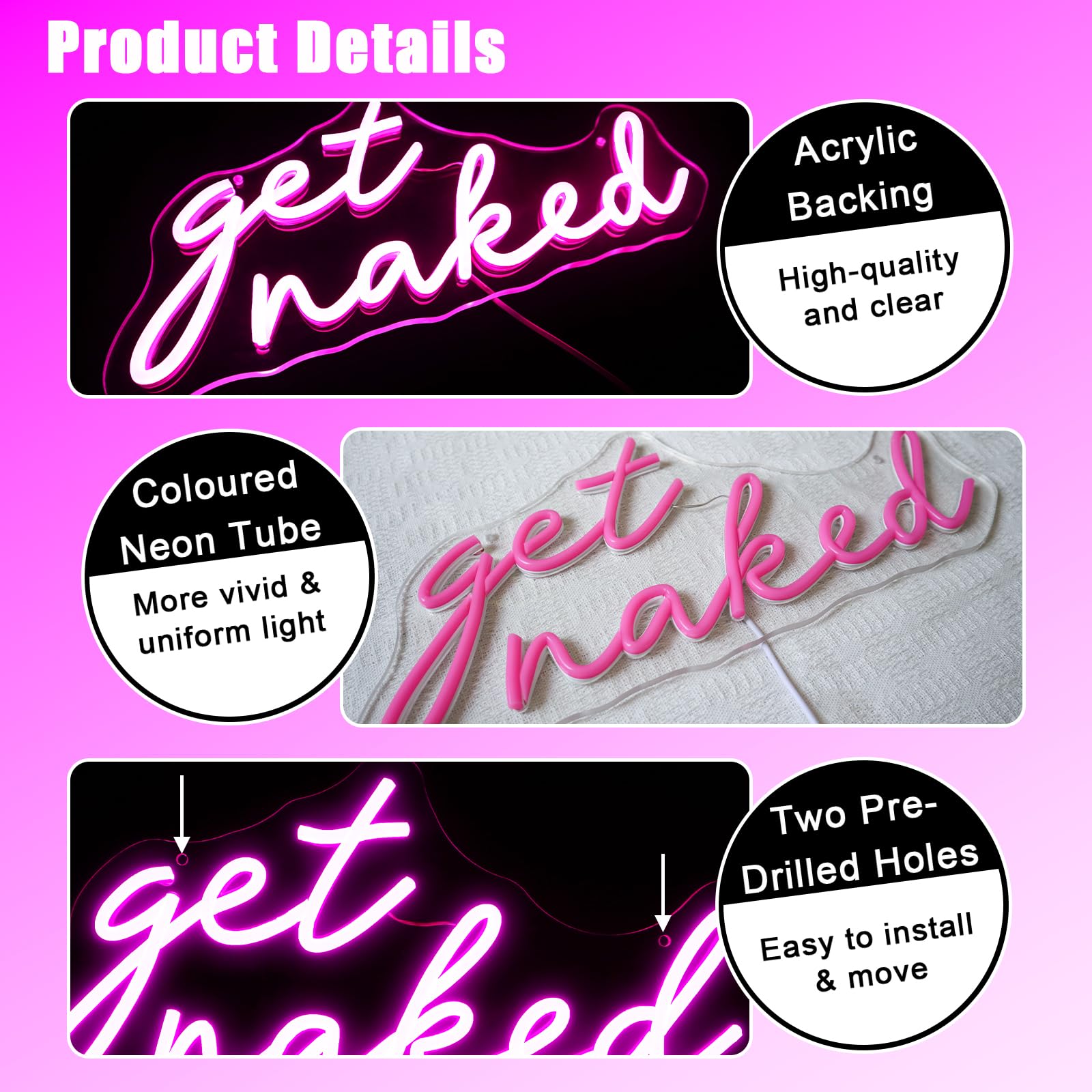 Get Naked Neon Schild Rosa Led Neonschild Wand Schriftzug Neon Sign USB Nackt werden Led Schild für Schlafzimmer Heim Badezimmer Bar Shop Club Store Pub Salon Dekoration Party