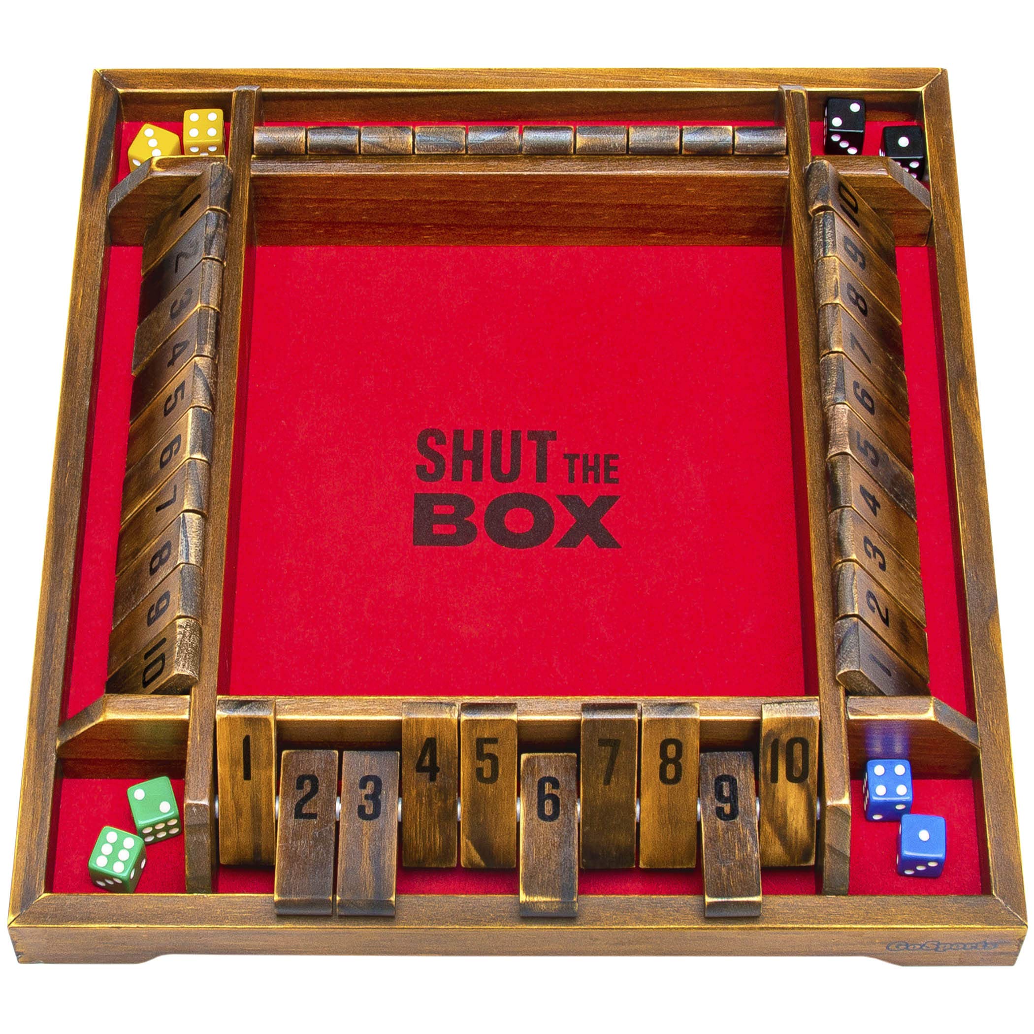 GoSports Shut the Box Premium Wooden Dice Game, Classic 4 Player Family Board Game - 10 Number Rows with Red Felt, Dice and Wood Stain Finish - For Kids and Adults