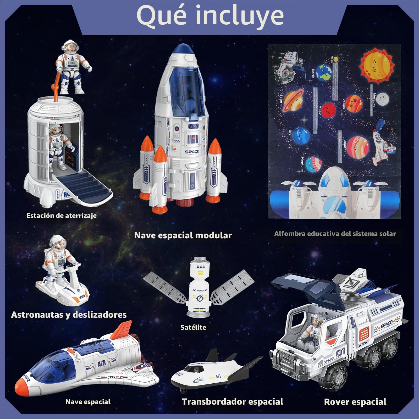 deAO Cohete Espacial Juguete para Niños, Juguetes de Transbordador Espacial | Luces y Sonidos y Humo, Nave Espacial, Vehículo Explorador, 2 Astronautas, 60*80 CM Tapete, Regalo para Niños de 3+ Años