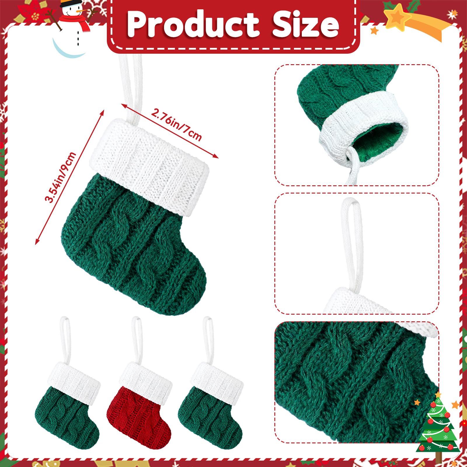Hiboom Lot de 24 mini chaussettes de Noël tricotées à suspendre pour cheminée, arbre, mur, fenêtre, fête, décoration de vacances, bordeaux et vert, 9 x 7 cm