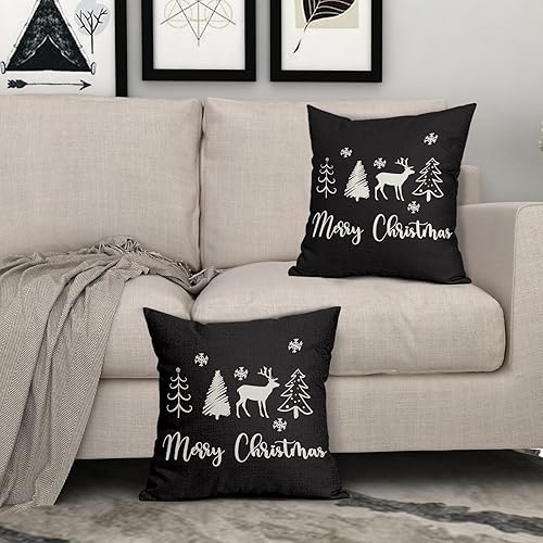 Miniatura 8 de Juego de 2 fundas de almohada de Navidad negras de 18 x 18 pulgadas, diseño de árbol de ciervo, copos de nieve, fundas de almohada decorativas de