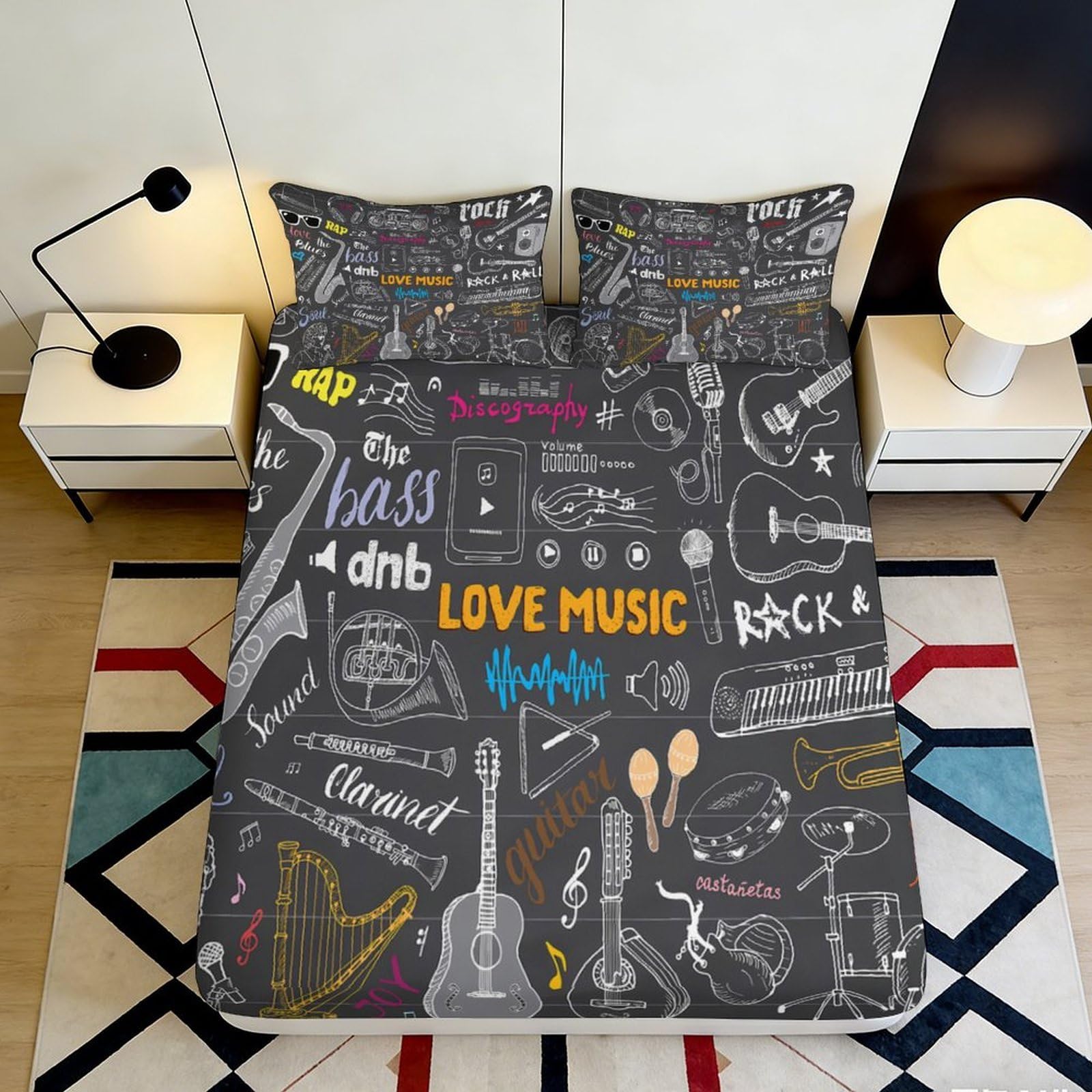 Uxinyoume Style-7 3D Printed Music Graffiti Fitted Sheet Microfiber Soft Breathable Instrument Pattern Mattress Cover For Bedroom Dorm Decor 90X200x25cm