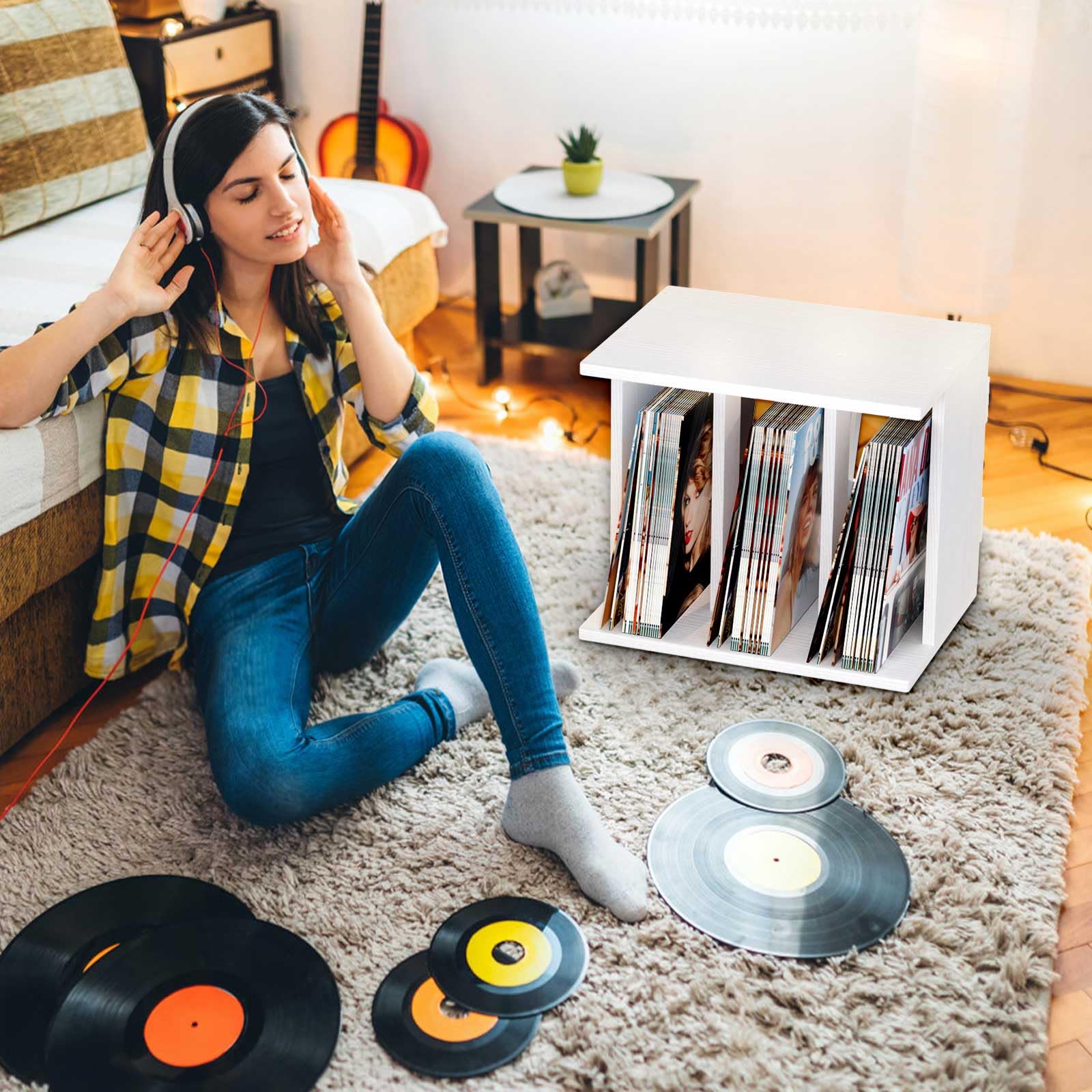 Aufbewahrungsständer für Vinyl-Plattendreher, mit Vinylablage, Wandregal für bis zu 100 Alben, 3 Fächer, Vinyl-Schrank, für Wohnzimmer, Büro, Dekoration (Vintage weiß)