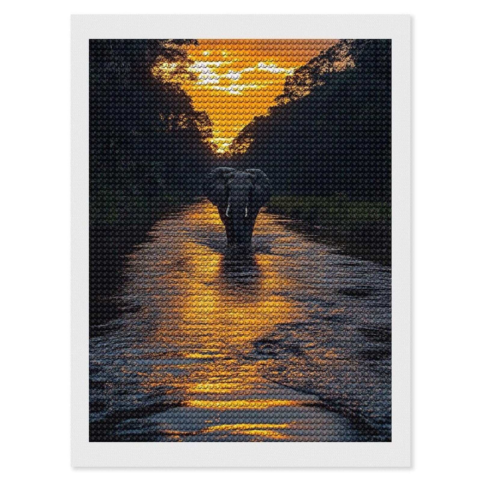 Junmoney Elephant Crossing River at Sunset Diamond Painting Canvas Set 12"x16", Boho Decor, for Craft Lovers, Easy Handmade Project, Holiday Gift Idea