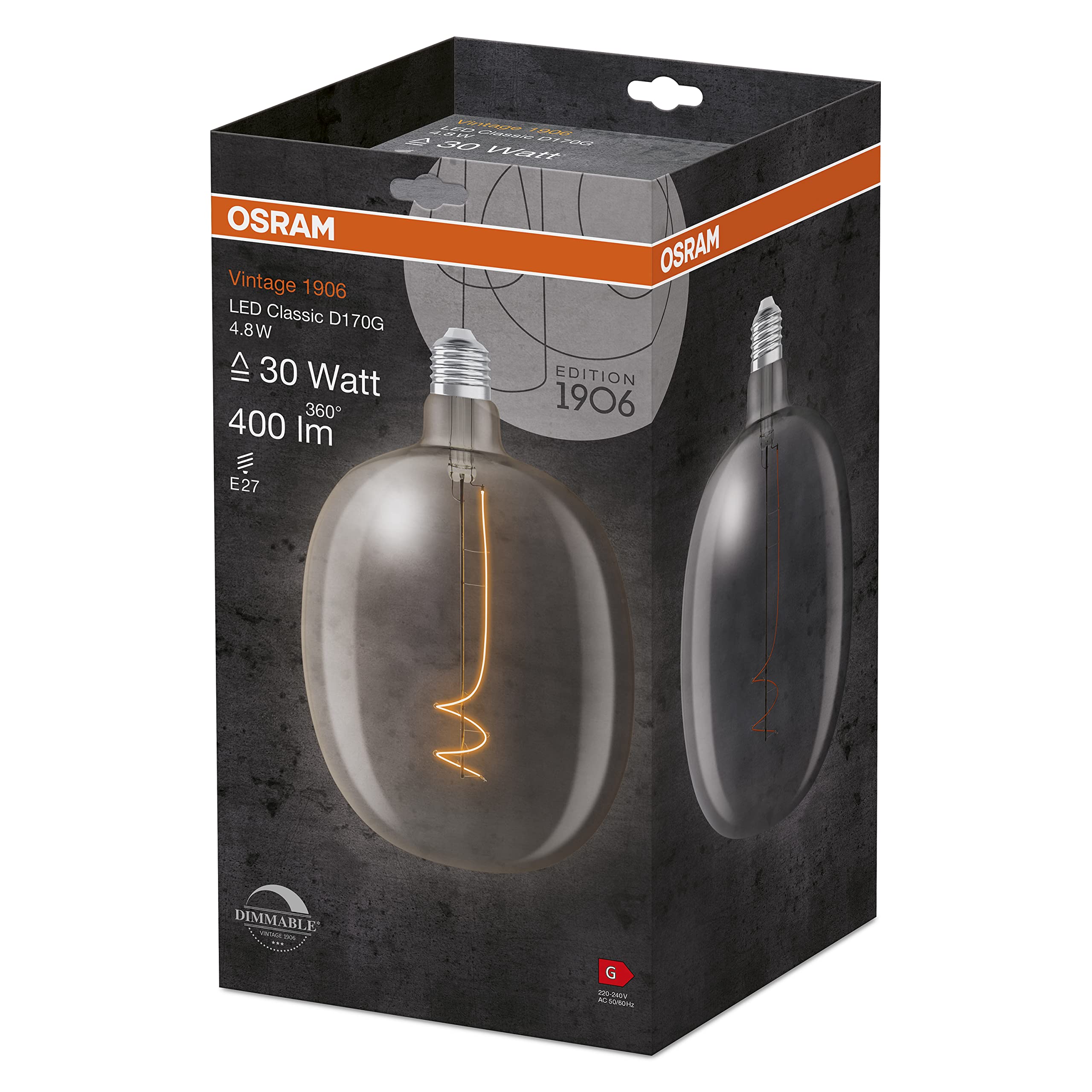 OSRAM Lampada LED Vintage 1906 vetro chiaro, 4,8W, 400lm, forma a palloncino con diametro 170mm e attacco E27, luce bianca calda a 2700K, filamento dimmerabile, durata fino a 15.000 ore