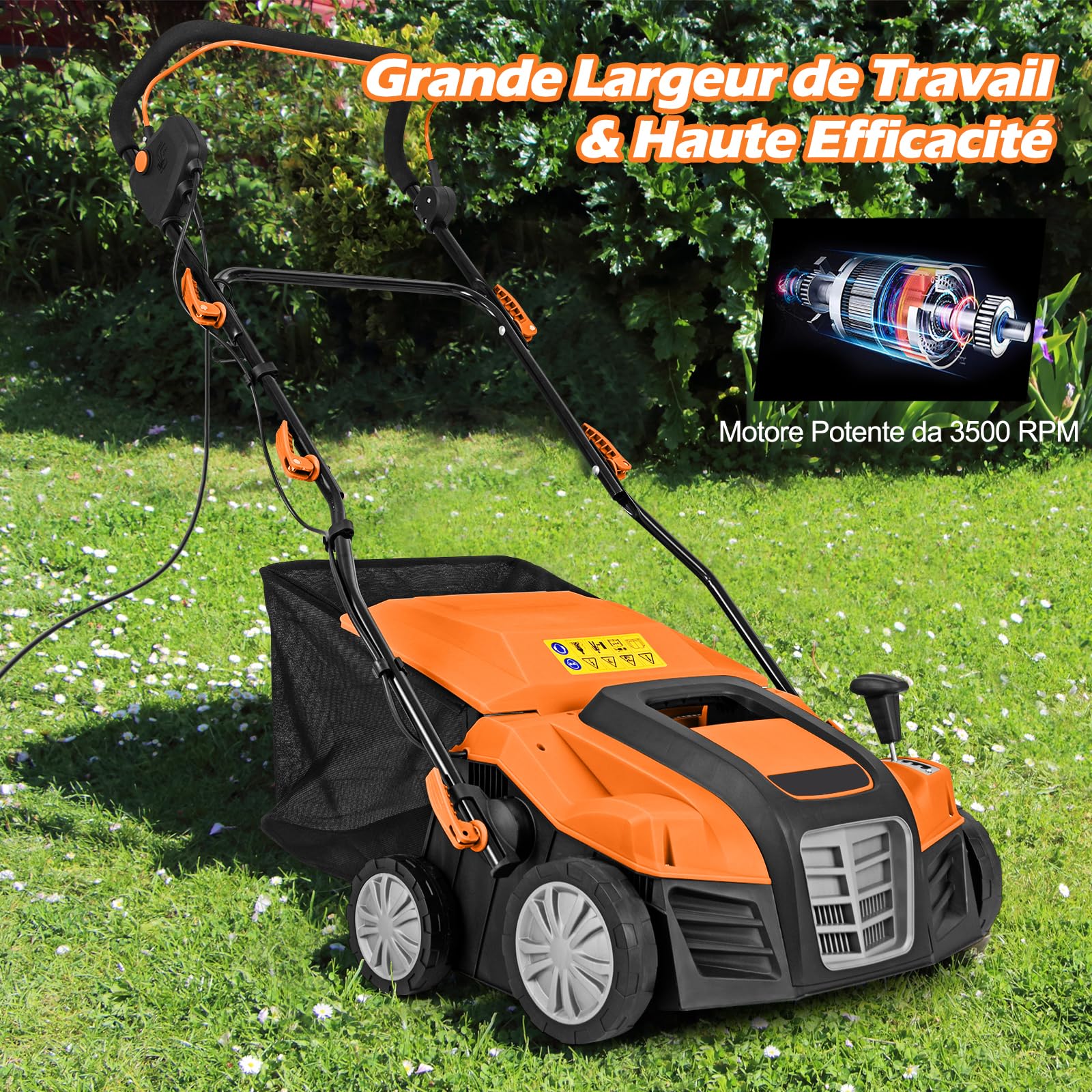 GOPLUS 2 en 1 Déchaumeuse Scarificateur Electrique 2000W, Largeur de Travail 40cm, 3500rpm, 5 Profondeurs Réglable, 3 Hauteurs Poignée, Sac 55L Amovible, Râteau Electrique Pliable Pelouse 800㎡(Orange)