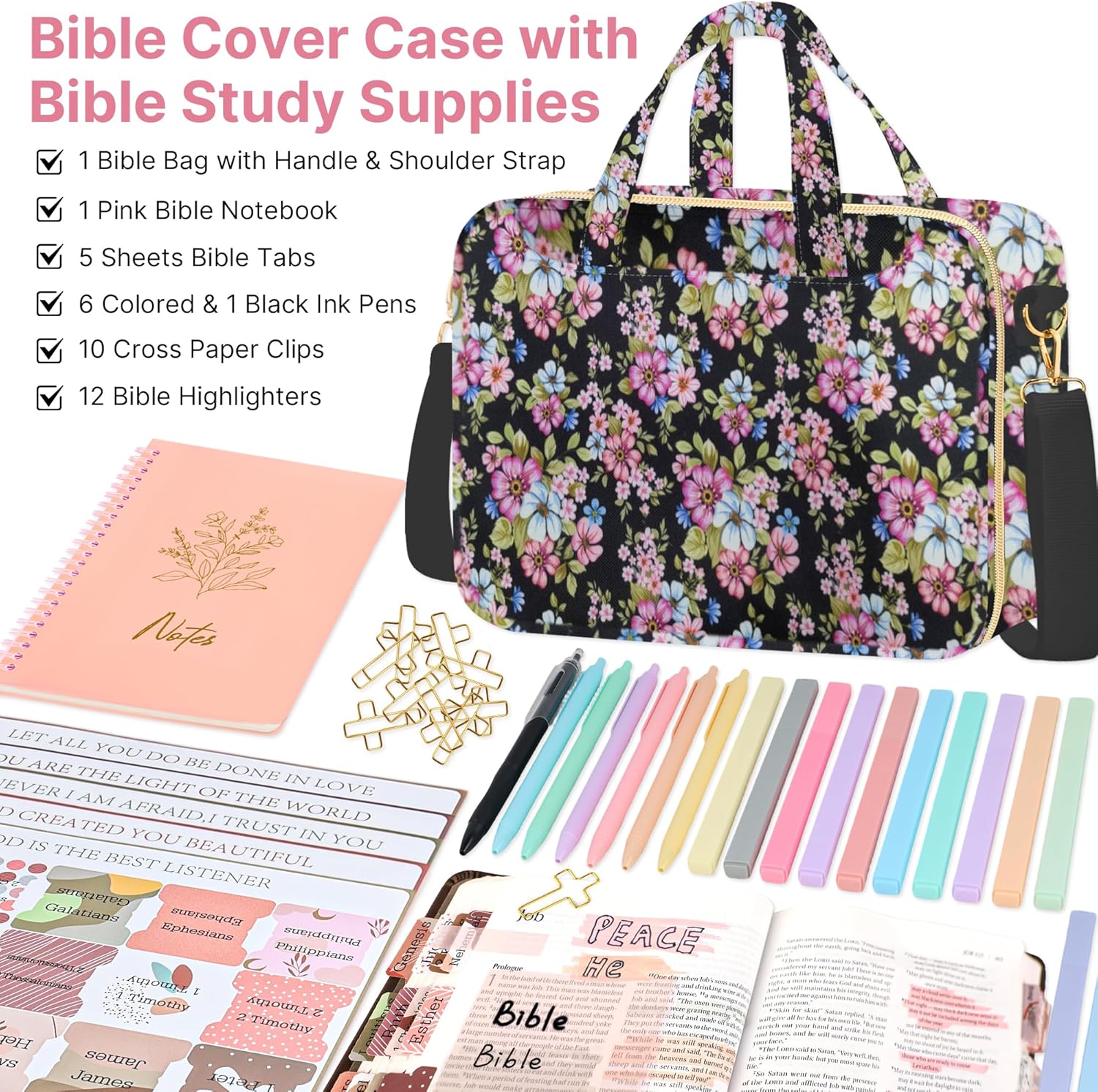 PUGPIU Bible Cover Case for Women, Large Quilted Bible Bag with Shoulder Strap and Handle, Bible Study Supplies Journaling Kit with Highlighters Pens No Bleed Tabs Notebook Cross Clips (Floral) - Image 2
