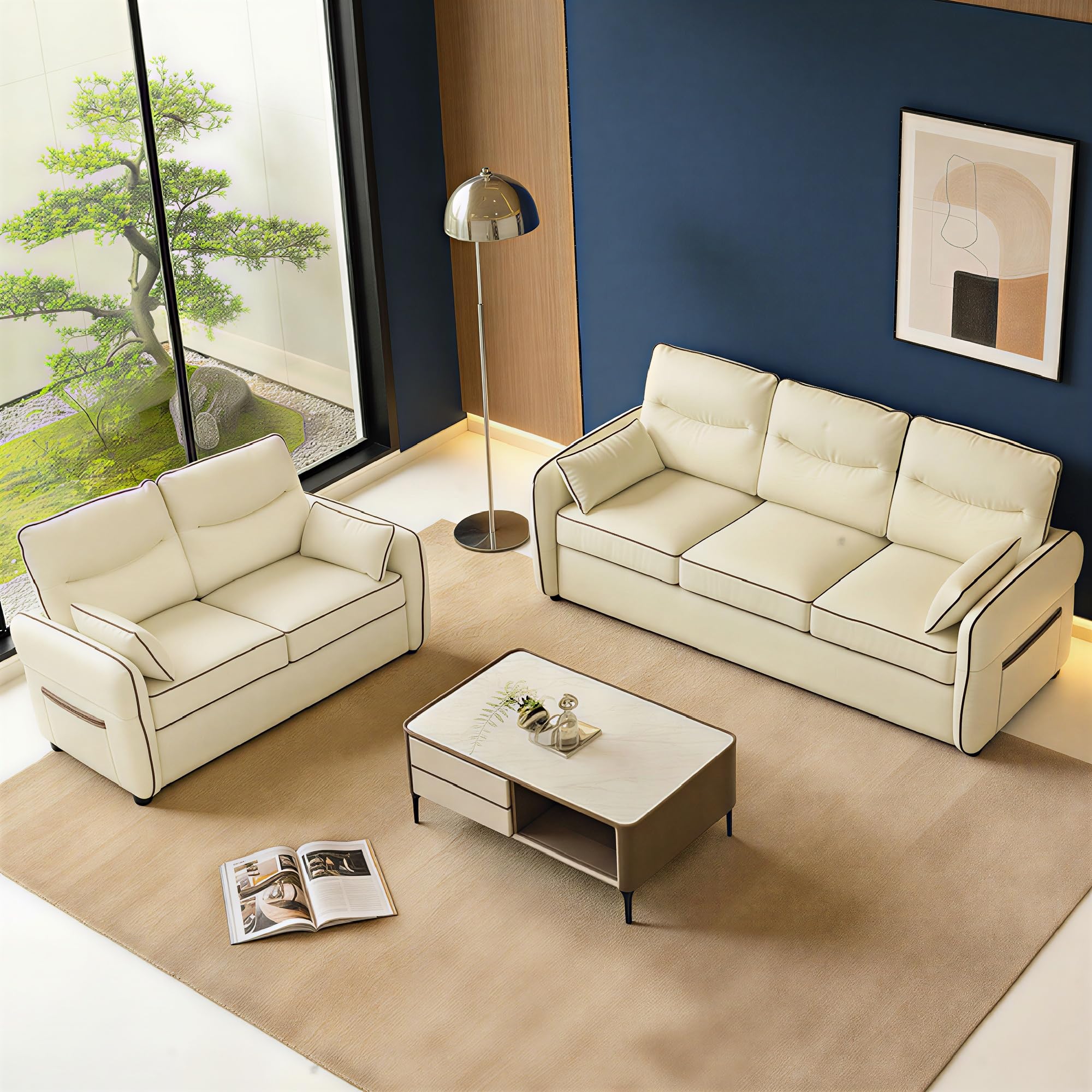 HOMCOM Sofá de 3 Plazas Tapizado en Cuero Sintético 190x83x90 cm Beige | Sofá de Salón Moderno, Acolchado Grueso, Asiento Ancho, Reposabrazos y Bolsillo Lateral, Montaje Rápido, 2 Almohadas