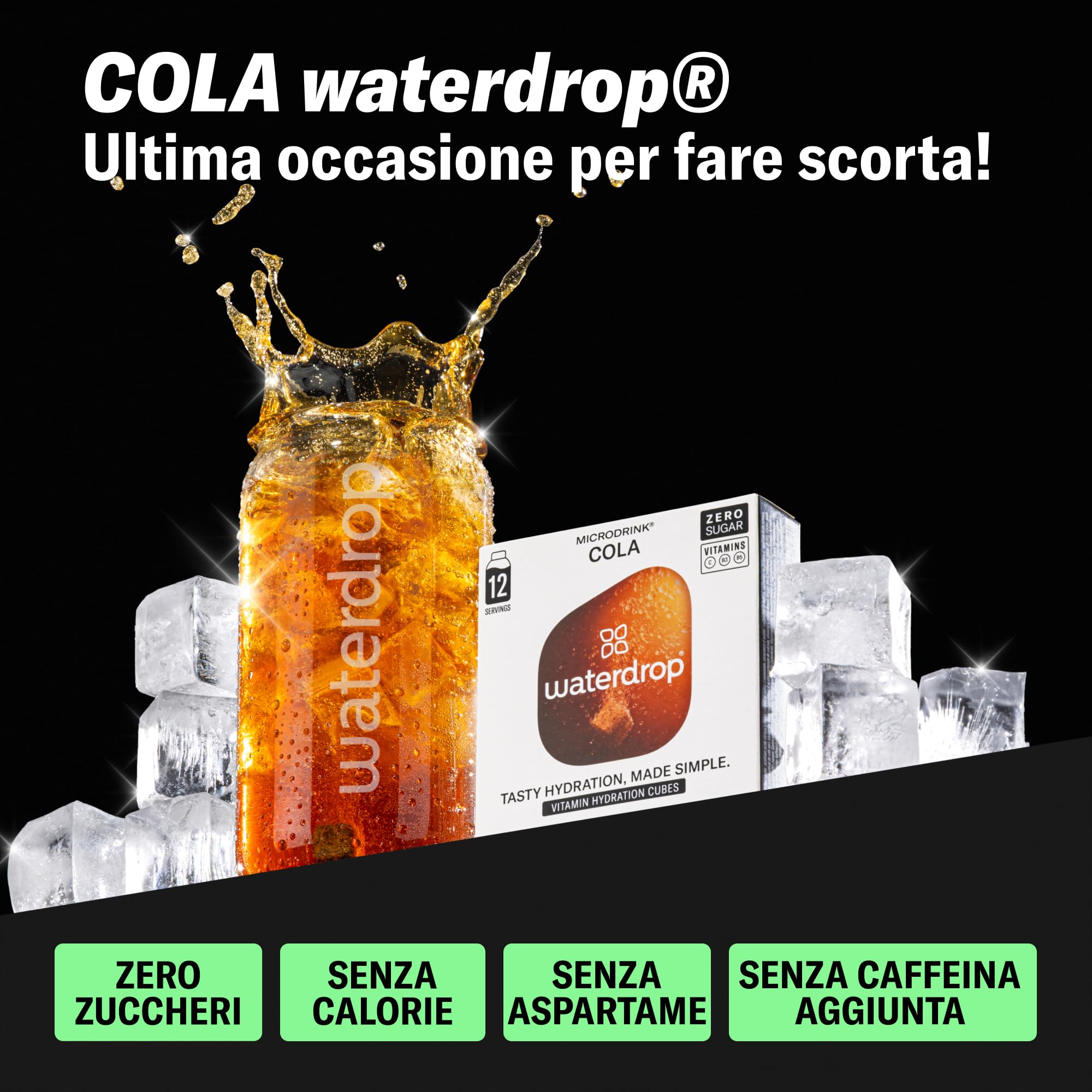 waterdrop® Originale COLA - Senza Zucchero, 36 waterdrop cubetti per acqua aromatizzata, con Vitamine, Ideale con Acqua frizzante come bibita alternativa, Bibite Senza Calorie, Vitamina
