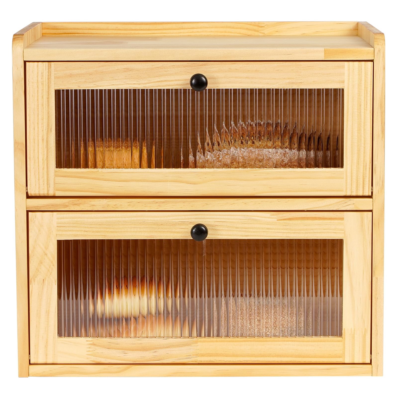 Sunhoo Bread Box for Kitchen Countertop Wooden Bread Storage Container Bin 2 Layer Breadbox Holder Large Capacity Keeper Vintage Farmhouse Food Organizer Pantry Shelf Acrylic Window（Wood color）