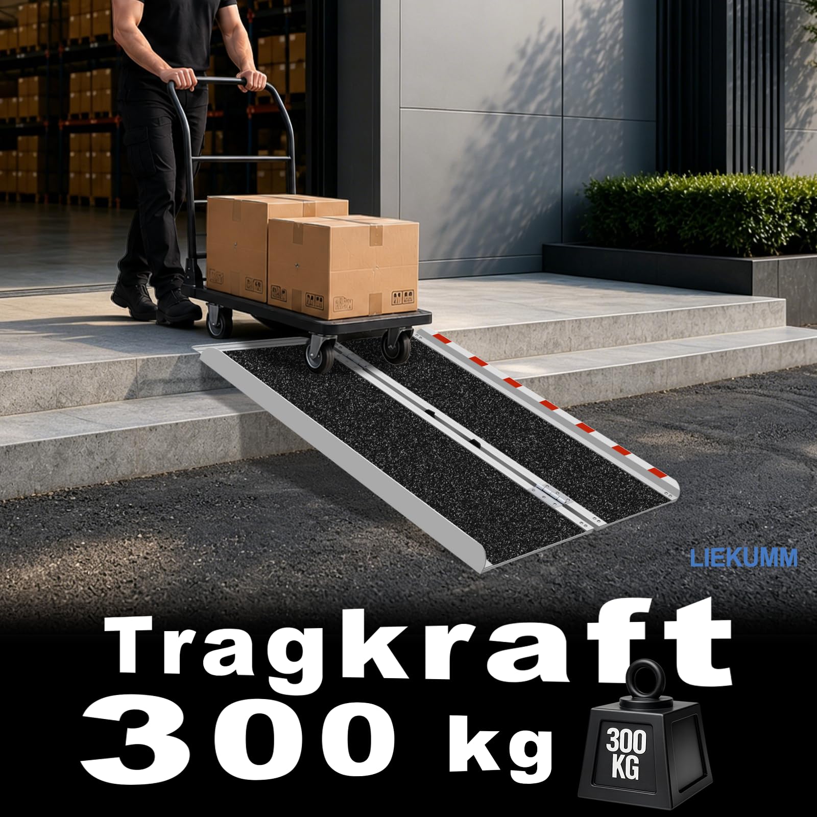 LIEKUMM Rollstuhlrampe 121 cm, 300 kg Tragkraft, rutschfeste Aluminium Rollstuhlrampe Klappbar, Schwellenrampe für Türschwellen, Treppen, Bordsteine, Stufen, Rollstuhl und Kinderwagen