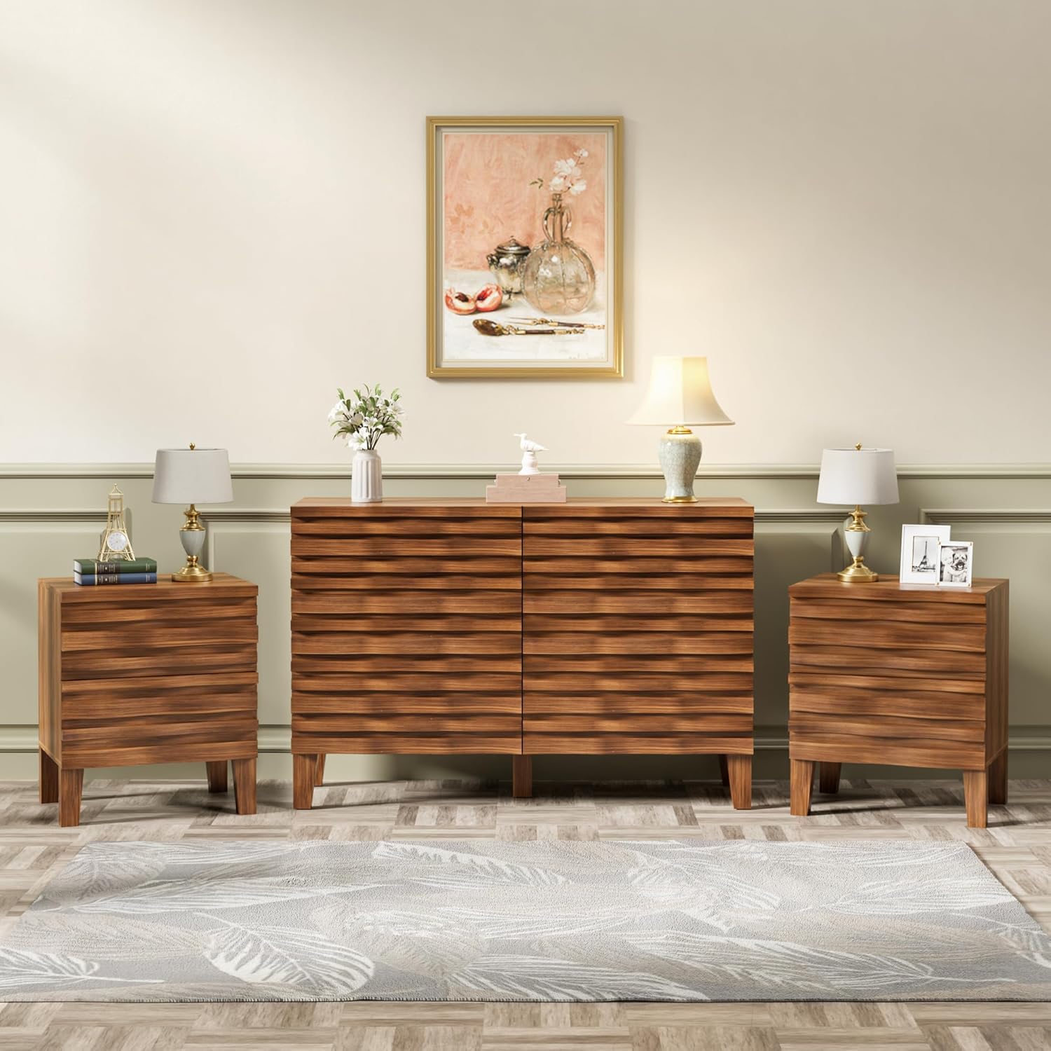 UEV Solid Wood Face 6 Drawer Dresser and Nightstand Set, Mid Century Modern Bedroom Set, Fluted Dresser &nightstands of 2, Bedroom Set with Moire Patten for Storage (Wood Color)
