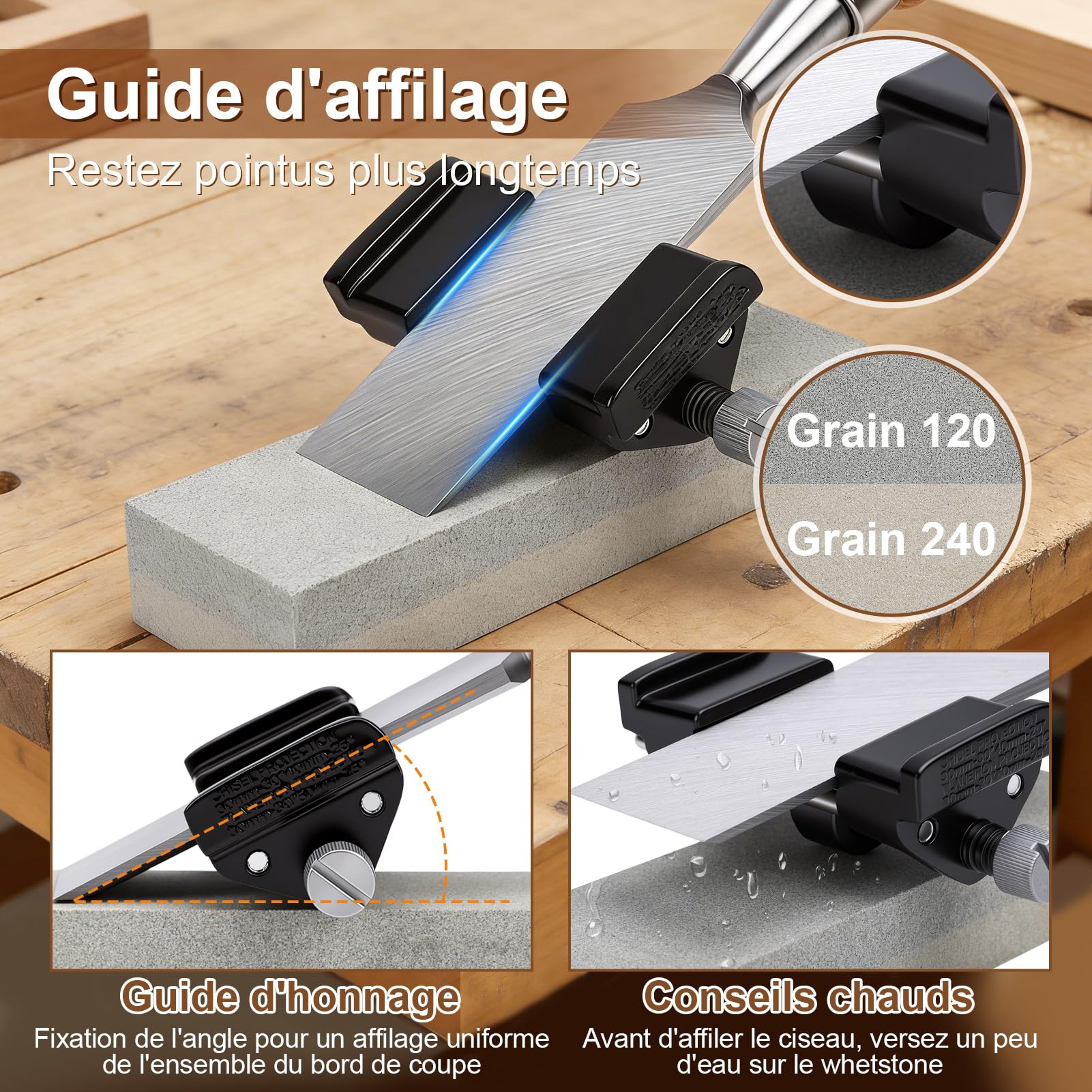Yosoo Health Gear Jeu de Ciseaux à Bois, 6 Tailles, Ciseaux à Découper avec Pierre à Aiguiser, Guide D'affûtage, Boîte de Rangement en Bois