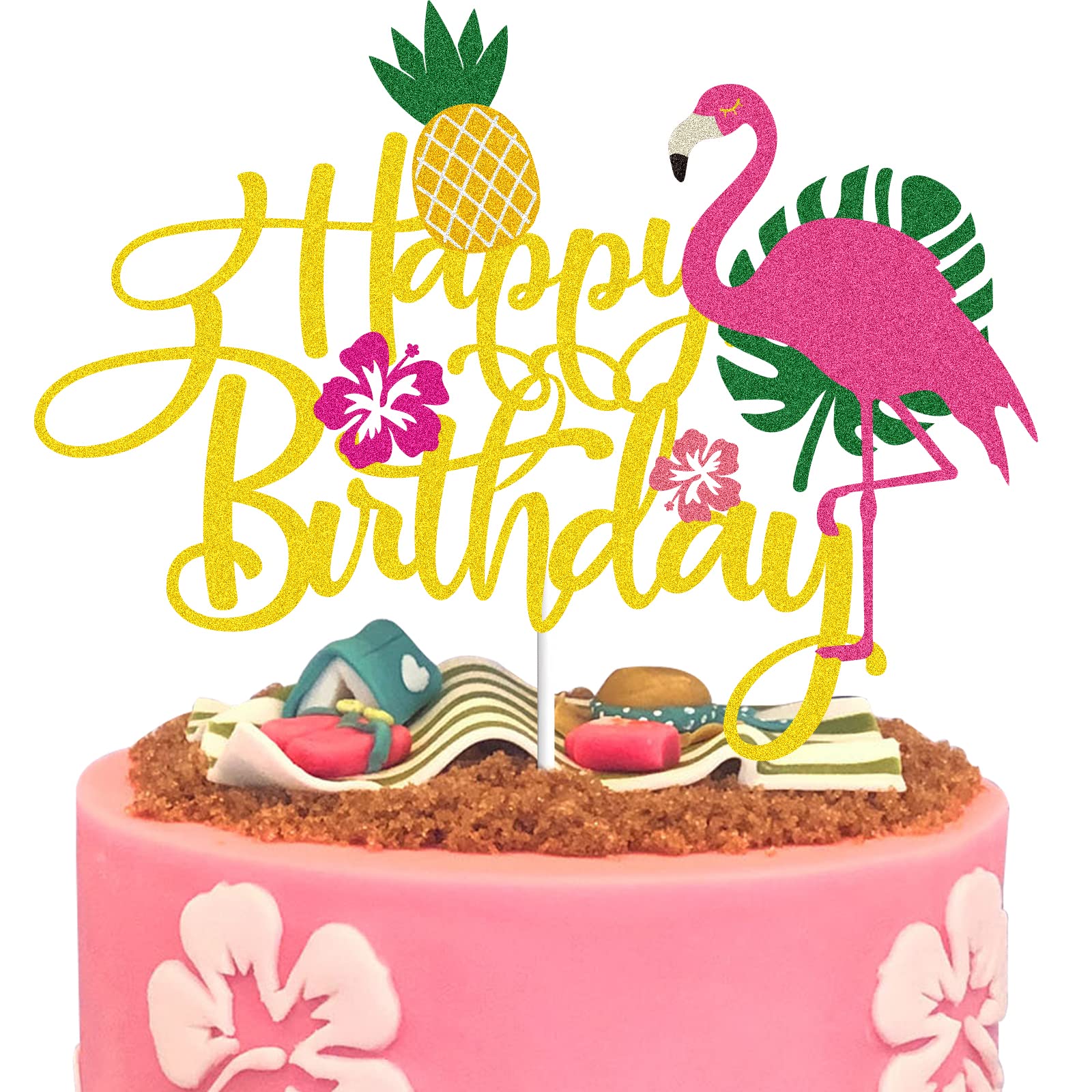 Photo 1 of Flamingo Happy Birthday Cake Topper Gold Glitter Palm Leaf Pineapple Cake Decoration Tropical Hawaiian Luau Themed Birthday Party Supplies SET OF 3