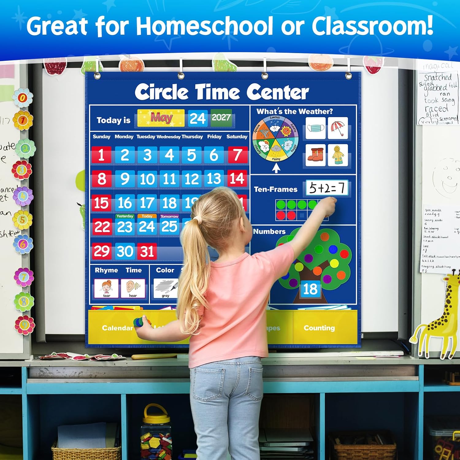 Torlam Circle Time Learning Center, Kindergarten Preschool Classroom Must Haves, Kids Calendar Pocket Chart Color Season Counting Letter Ten-Frame Set Weather Chart, Toddler Learning Activities