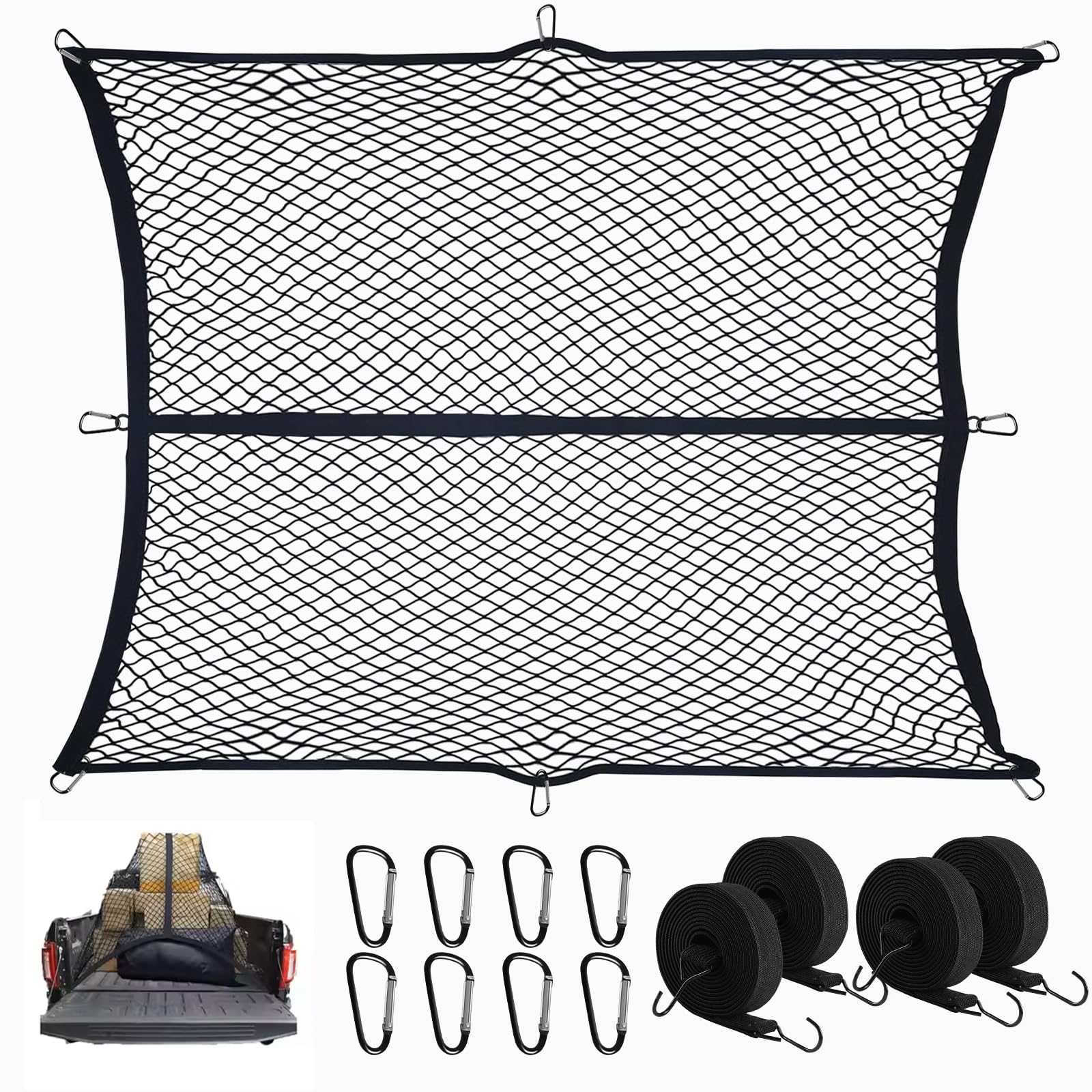 Red de Carga Altamente Elástica, 1,5 X 1,8 m, Extensible hasta 2,5 X 2,9 m (Una Capa), con 8 mosquetones de Acero + 4 Correas 2 m Sujeción, Red Carga para Camión, Cargas Ligeras Diarias Camion