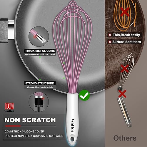 Miniatura 2 de Walfos Batidor de silicona para cocinar y hornear, batidor rosa con revestimiento de goma antiarañazos para Wisk antiadherente, batidor de huevo de