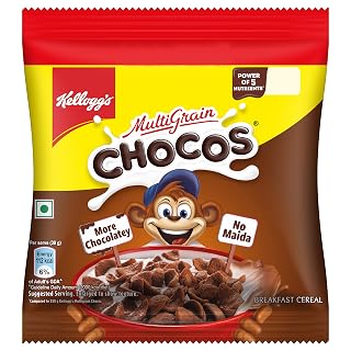Kellogg's Chocos, with Protein & Fibre of 1 Roti* in Each Bowl**, High in Calcium & Protein, with 10 Essential Vitamins & Minerals, Breakfast Cereals, 52g Pack
