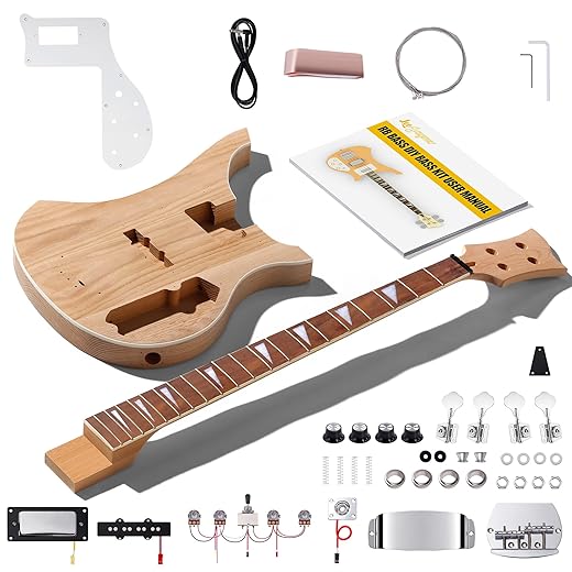 Leo Jaymz DIY Electric Bass Guitar Kits - Roasted Ash Wood Body, Maple Neck and Laurel Wood Fingerboard - Fully Components Included