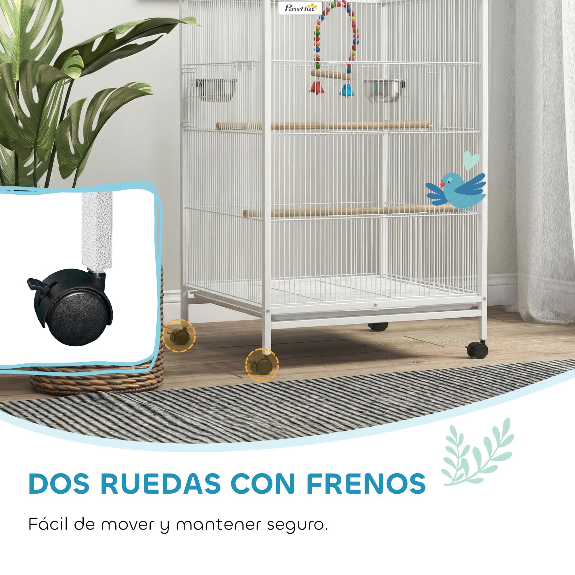 PawHut Jaula para Pájaros con Ruedas, Pajarera de Acero con Perchas, Columpio Bandeja Extraíble y Cuencos de Acero Inoxidable, Jaula Grande para Loros, Canario, Periquito, 48x46x78 cm, Blanco