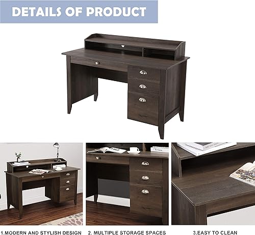 Miniatura 5 de LOKATSE HOME Escritorio ejecutivo de madera con cajones, oficina en casa, escritorio de estudio con gabinete, color marrón oscuro
