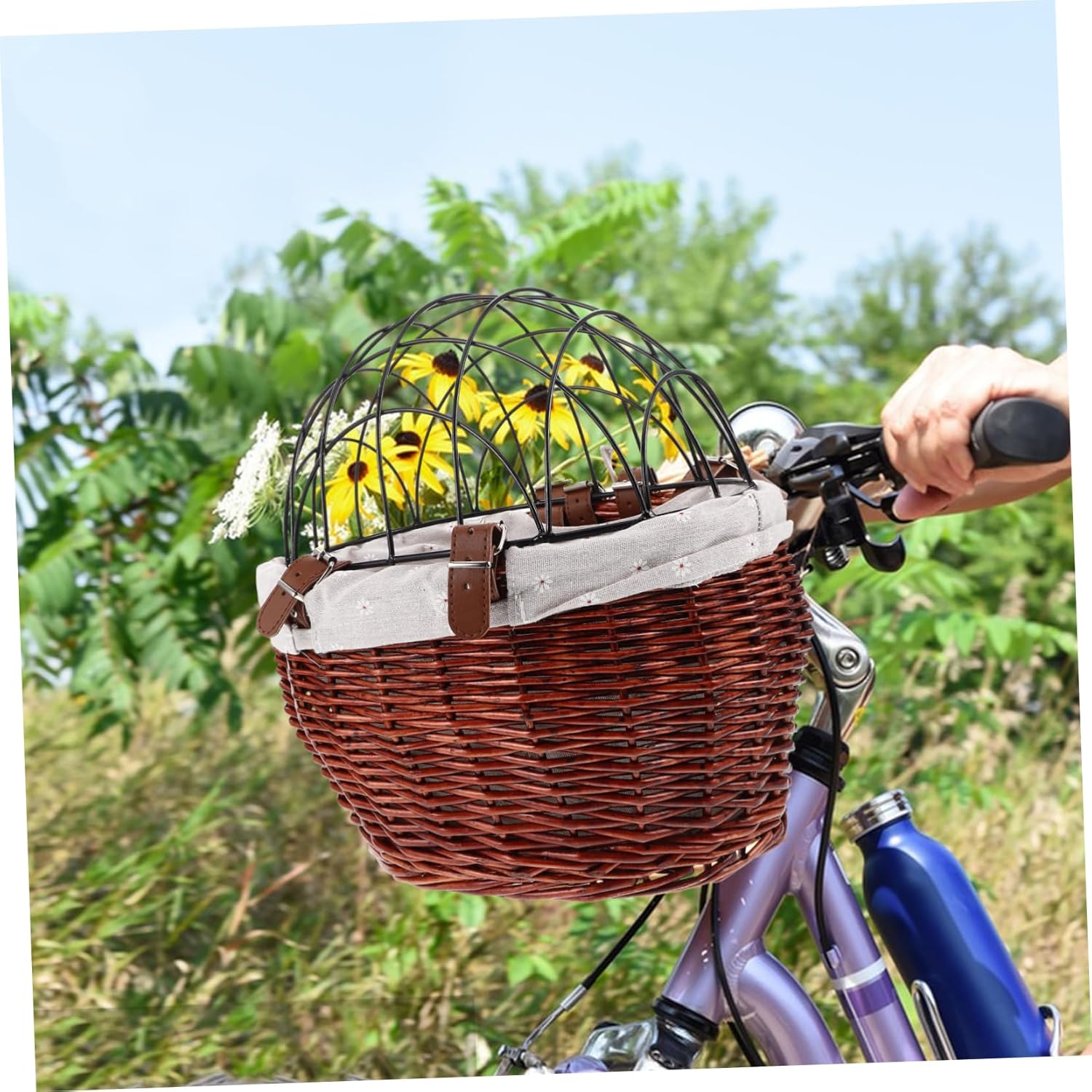 ibasenice Removable Wicker Bike Basket for Pets Durable Rattan Carrier for Dogs Cats Versatile Storage for Shopping Commuting Easy Detachable Design for Front Handlebar Use