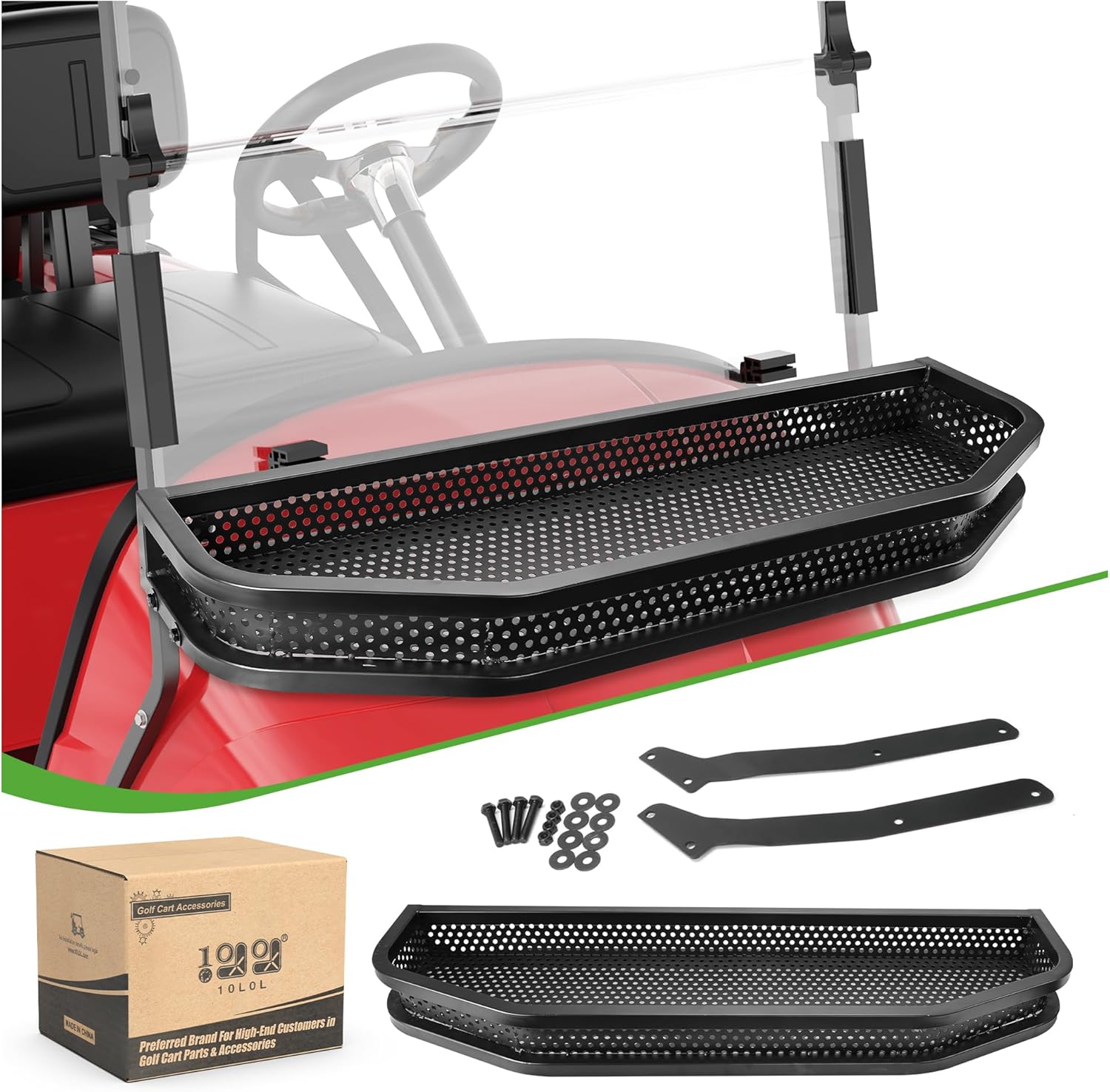 Ezgo TXT/RXV Front Cargo Basket Clay Outer Utility with Mounting Brakets for Gas & Electric Golf Carts, Heavy-Duty Steel Drop Mesh Storage Rack