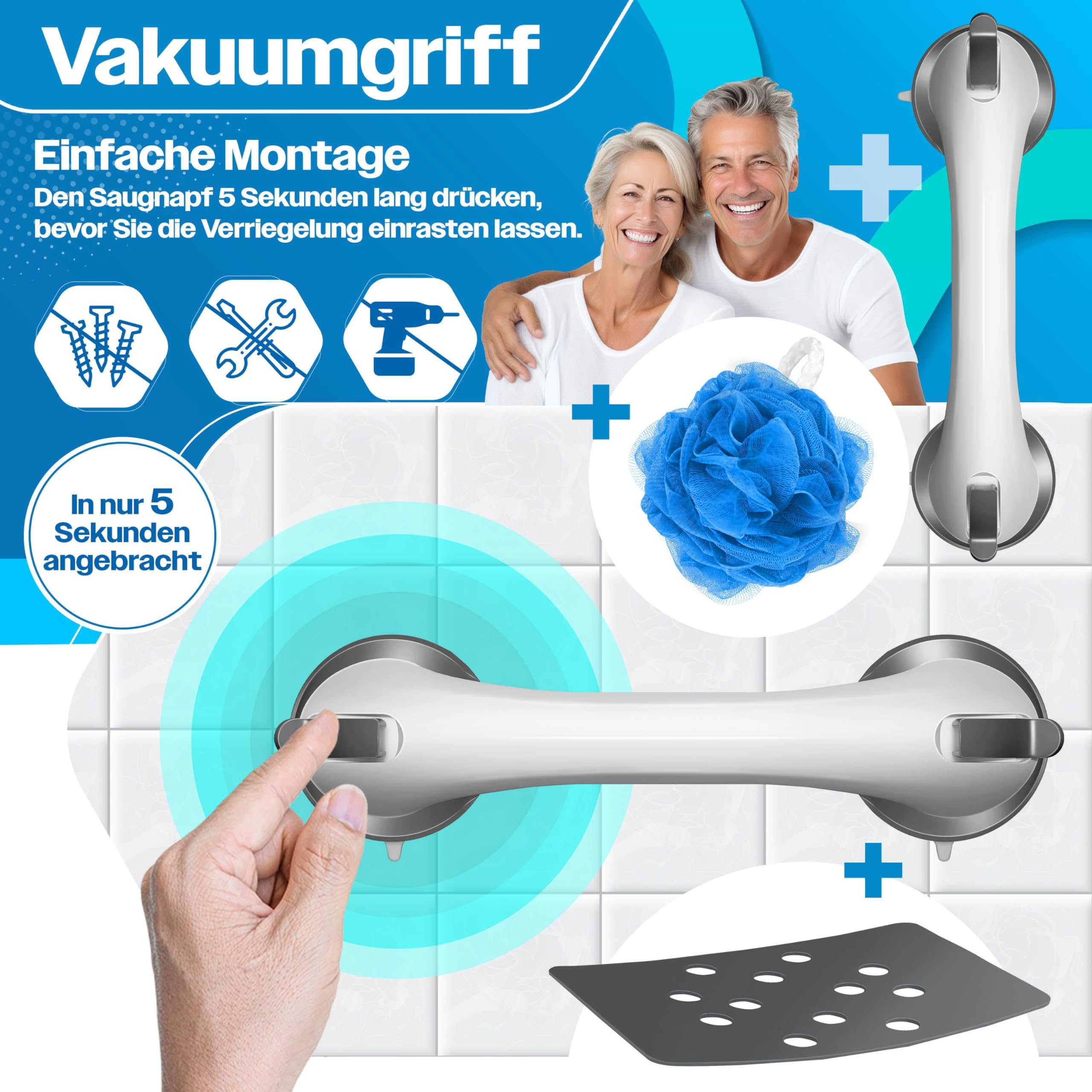 KESSER Taburete de ducha regulable | ligero taburete de baño antideslizante pies de goma silla de ducha soporta 136 kg | ayuda de ducha para personas mayores | asa de sujeción con ventosa | asiento de