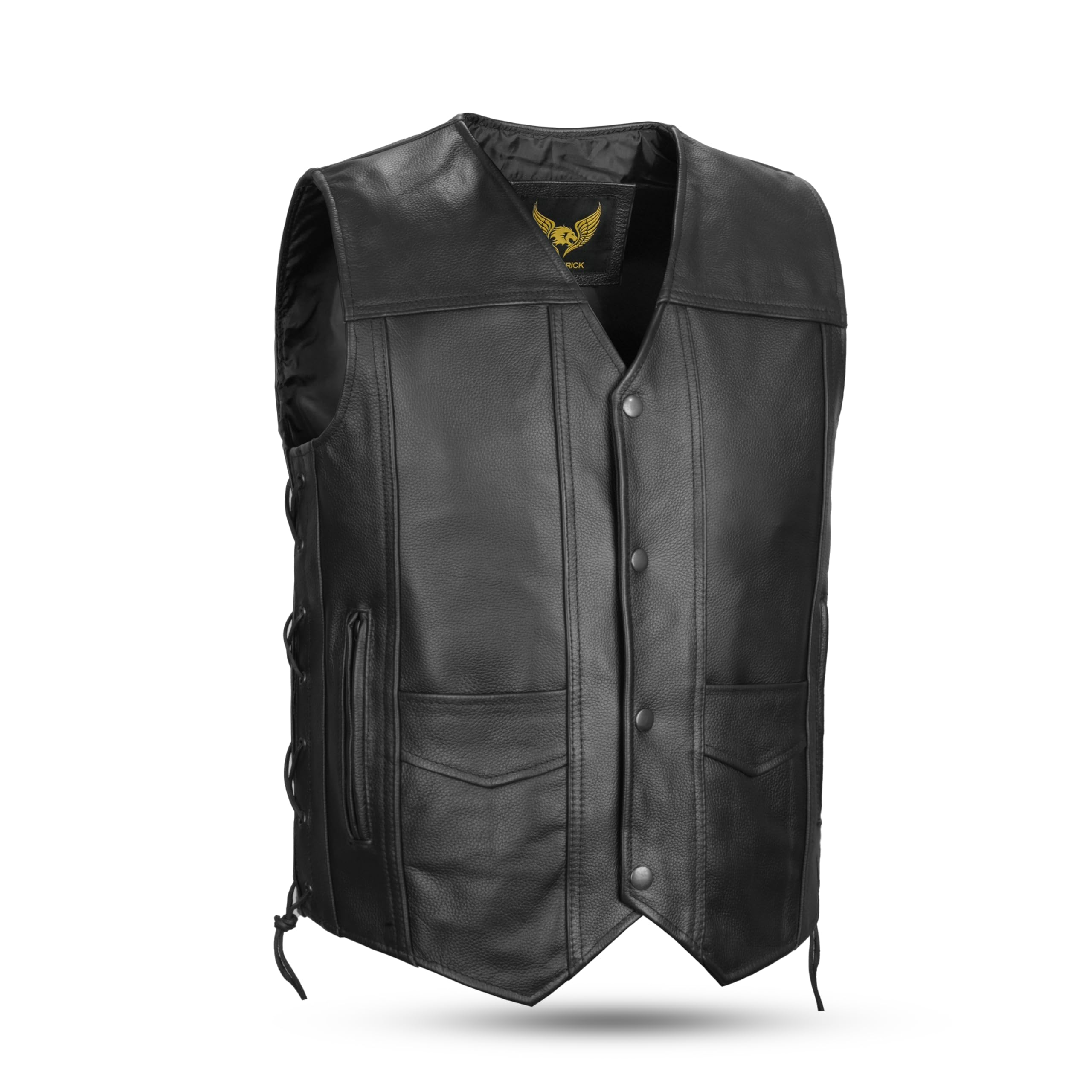 Leatherick Top-Grain Cuir De Vachette Gilet Cuir Biker en Véritable Pour Hommes Gilet Classique Noir Avec Lacets Latéraux et Poches De Transport Dissimulées