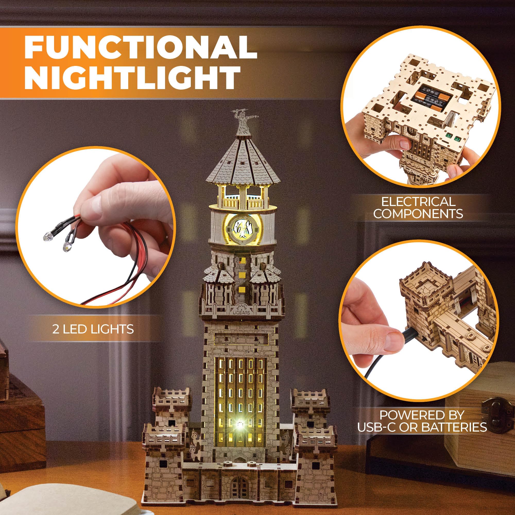 Ugears Latarnia Aleksandryjska Puzzle 3D - Zestawy DIY dla Dorosłych z Drewna z Lampką LED - Zestawy Modelarskie Rzemiosło dla Dorosłych Drewniane Puzzle Idealny Prezent - 340 Elementów