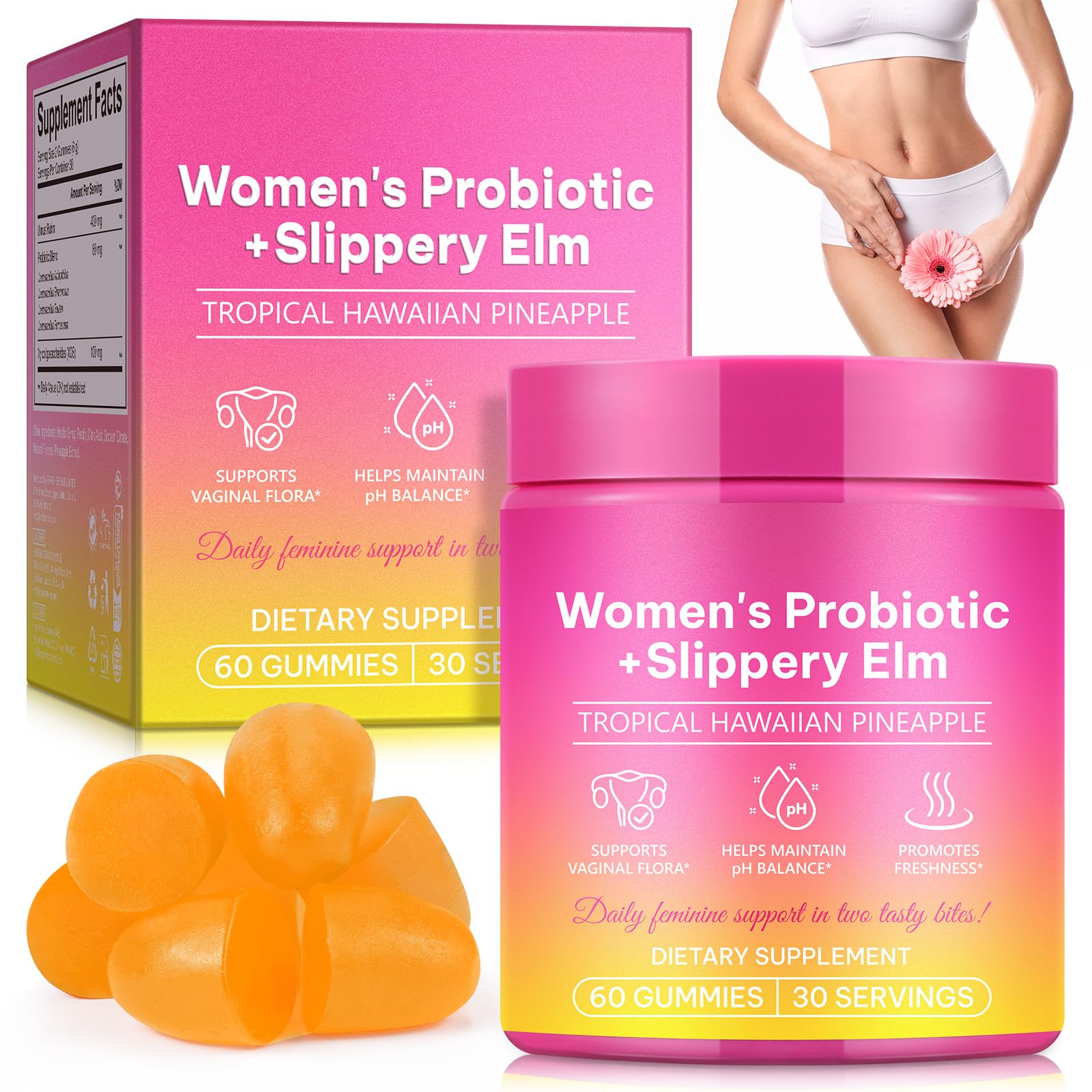 Probiotiques Gummies pour Femmes, Flore Intime Gummies Saveur Ananas, avec Orme Rouge, Support pH et Immunité, Flore intestinale, 60 Gummies