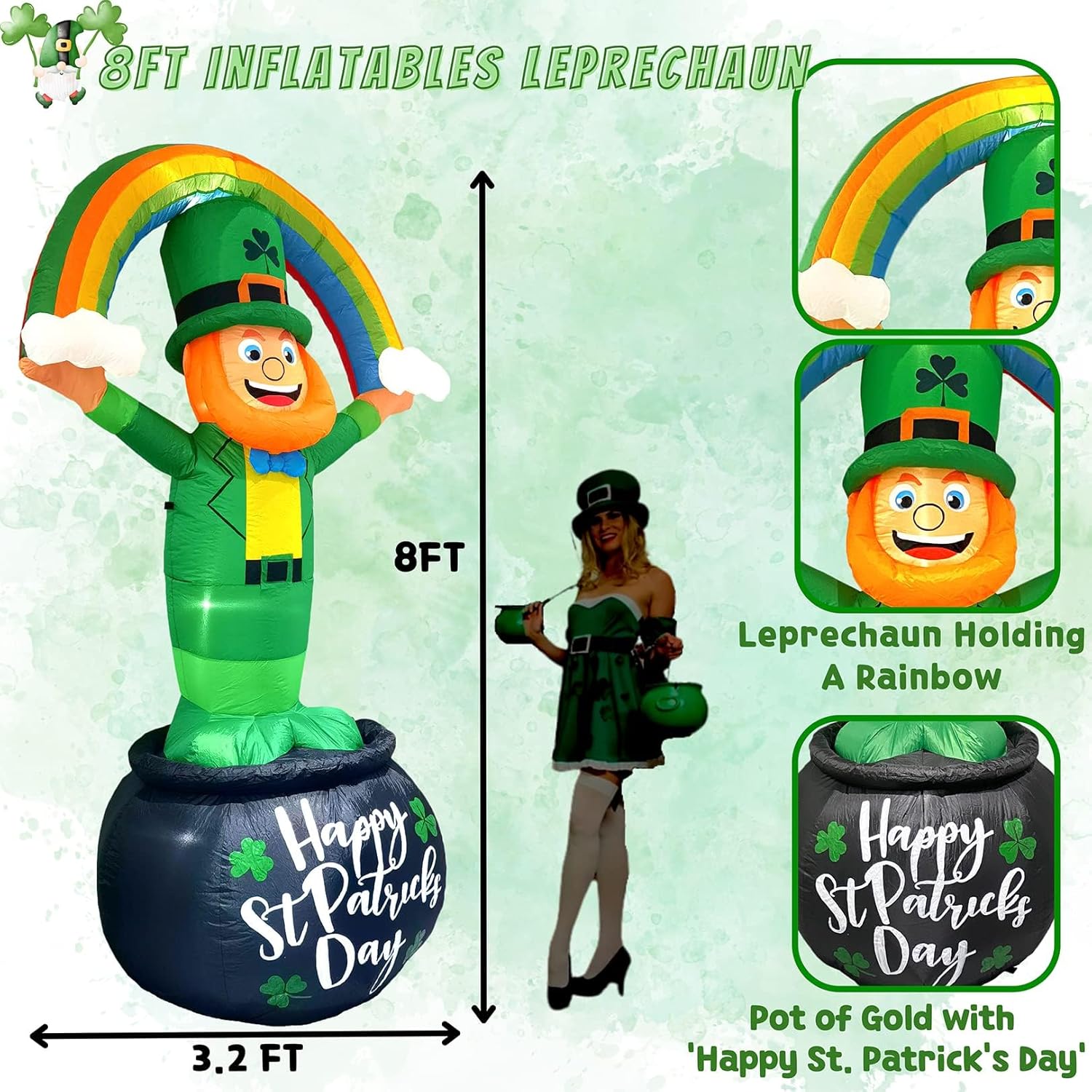 8FT St Patrick’s Day Giant Inflatables Outdoor Decorations Leprechaun Standing on Gold Pot Blow up Holiday Shamrocks Yard Decoration with Build-in LED Lights for Indoor Lawn Garden Party Decor - Image 3